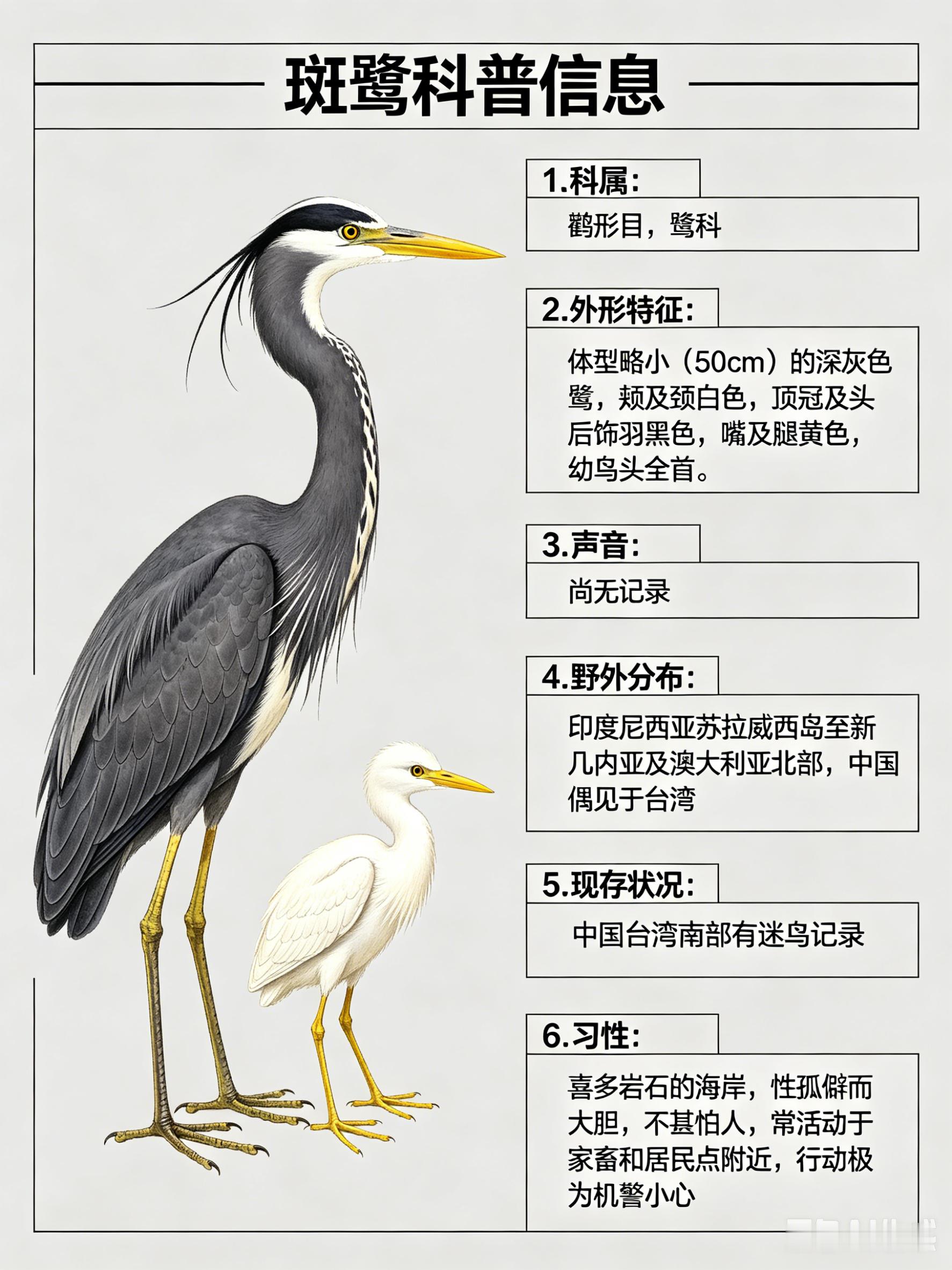 鸟类朋友图鉴 斑鹭·科属：鹳形目，鹭科。·外形特征：体型略小（50cm）的深灰色