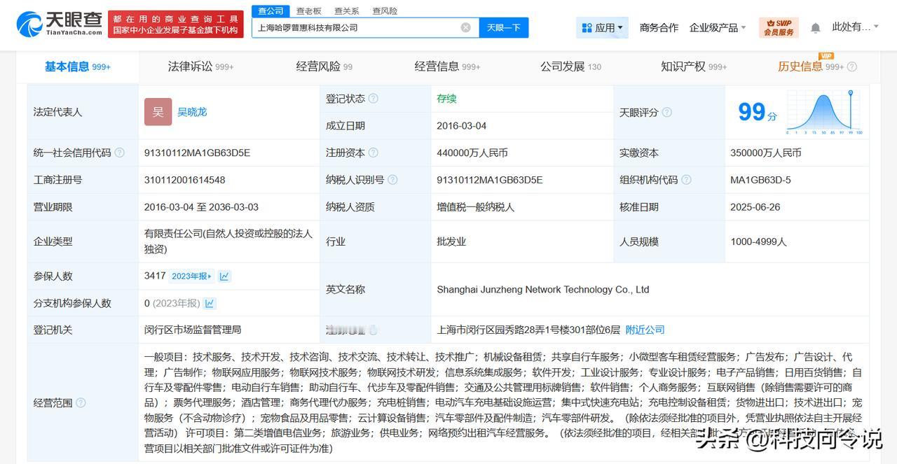 【哈啰出行关联公司法定代表人变更 哈啰出行关联公司新增汽车零部件研发业务】
天眼