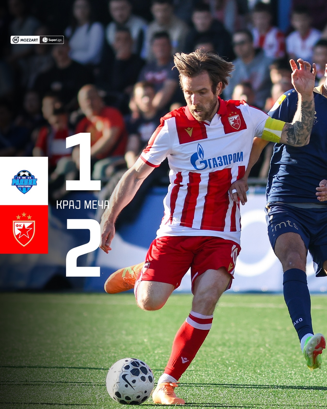 塞尔维亚超级联赛 贝尔格莱德红星客场2：1战胜苏杜利察队，首发打满全场的克鲁尼奇