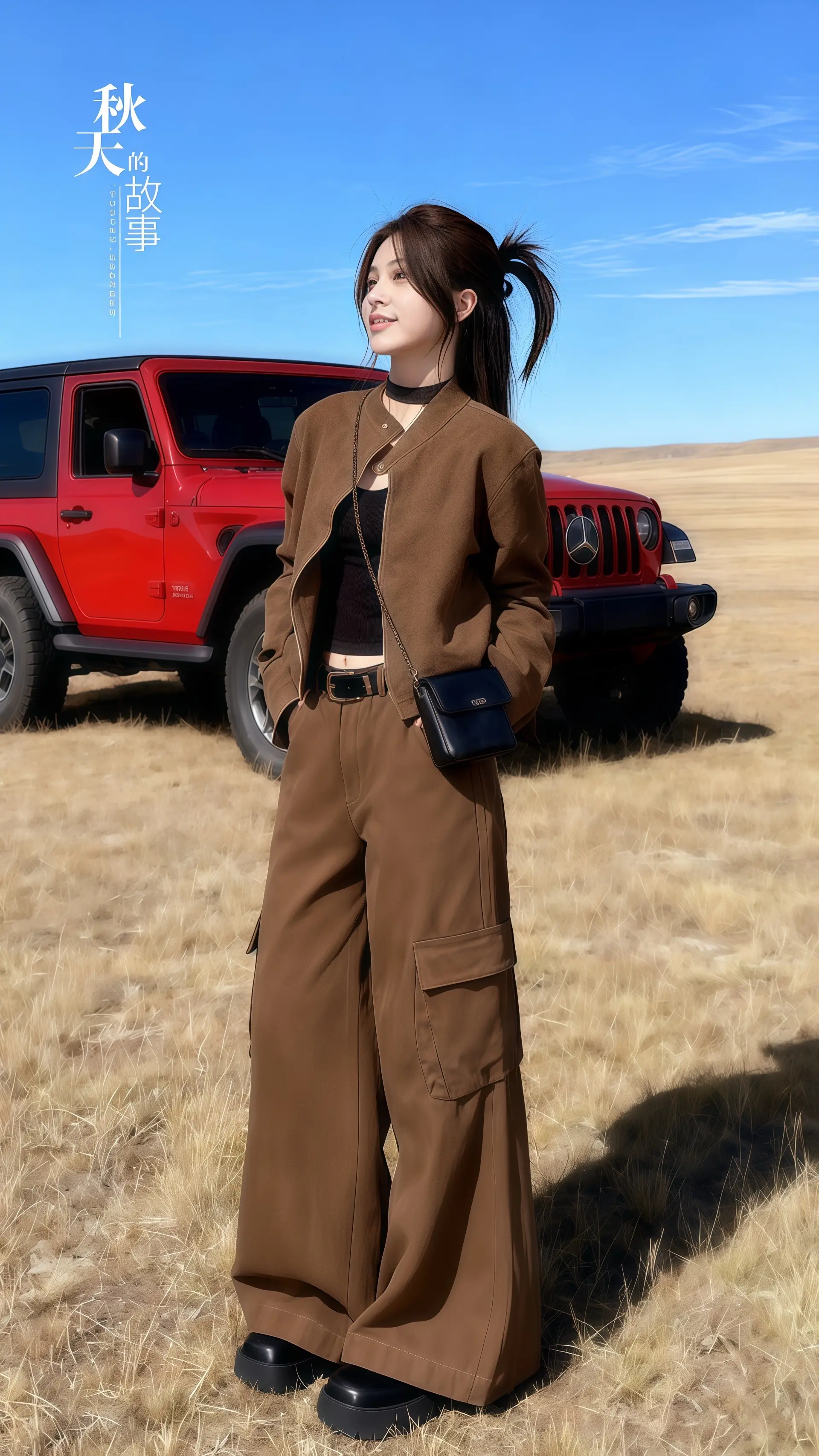 她穿着复古高级感工装风咖色两件套，利落剪裁勾勒出从容姿态，金属纽扣与同...