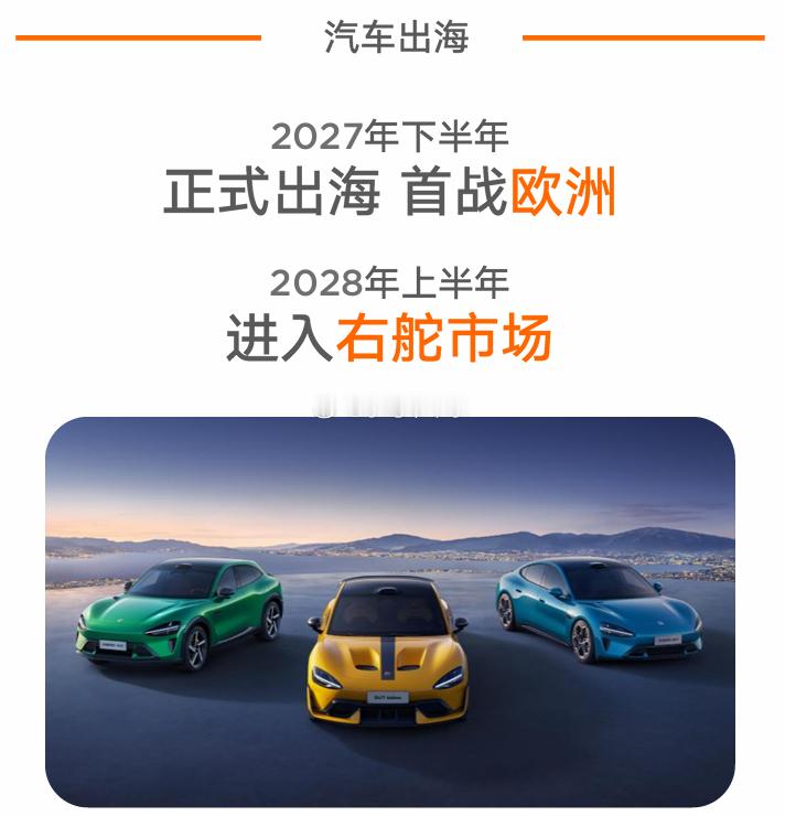 2027年下半年正式出海，首战欧洲2028年上半年，进入右舵市场（是指英国吧？国