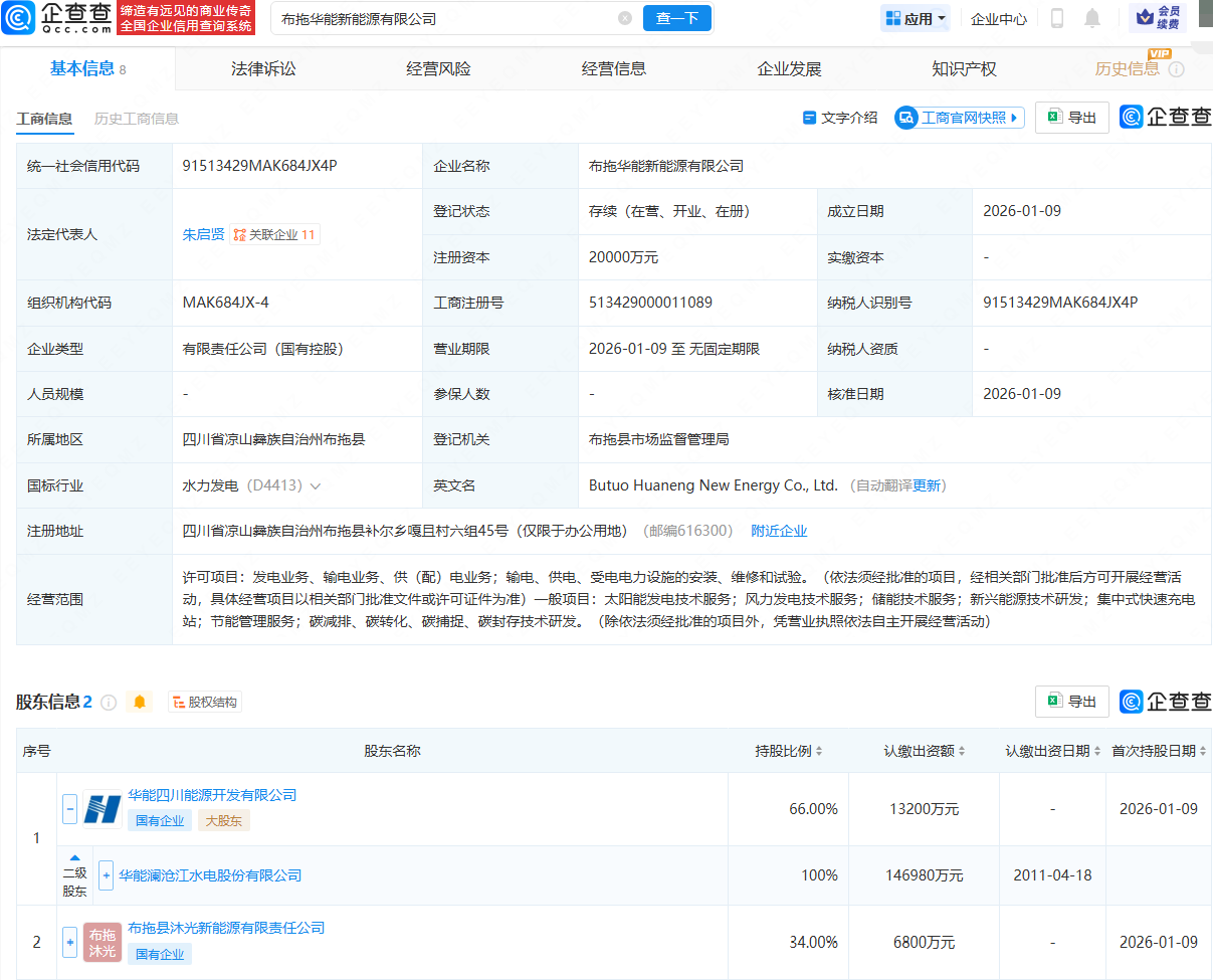 华能水电等在四川布拖成立新能源公司，注册资本2亿元