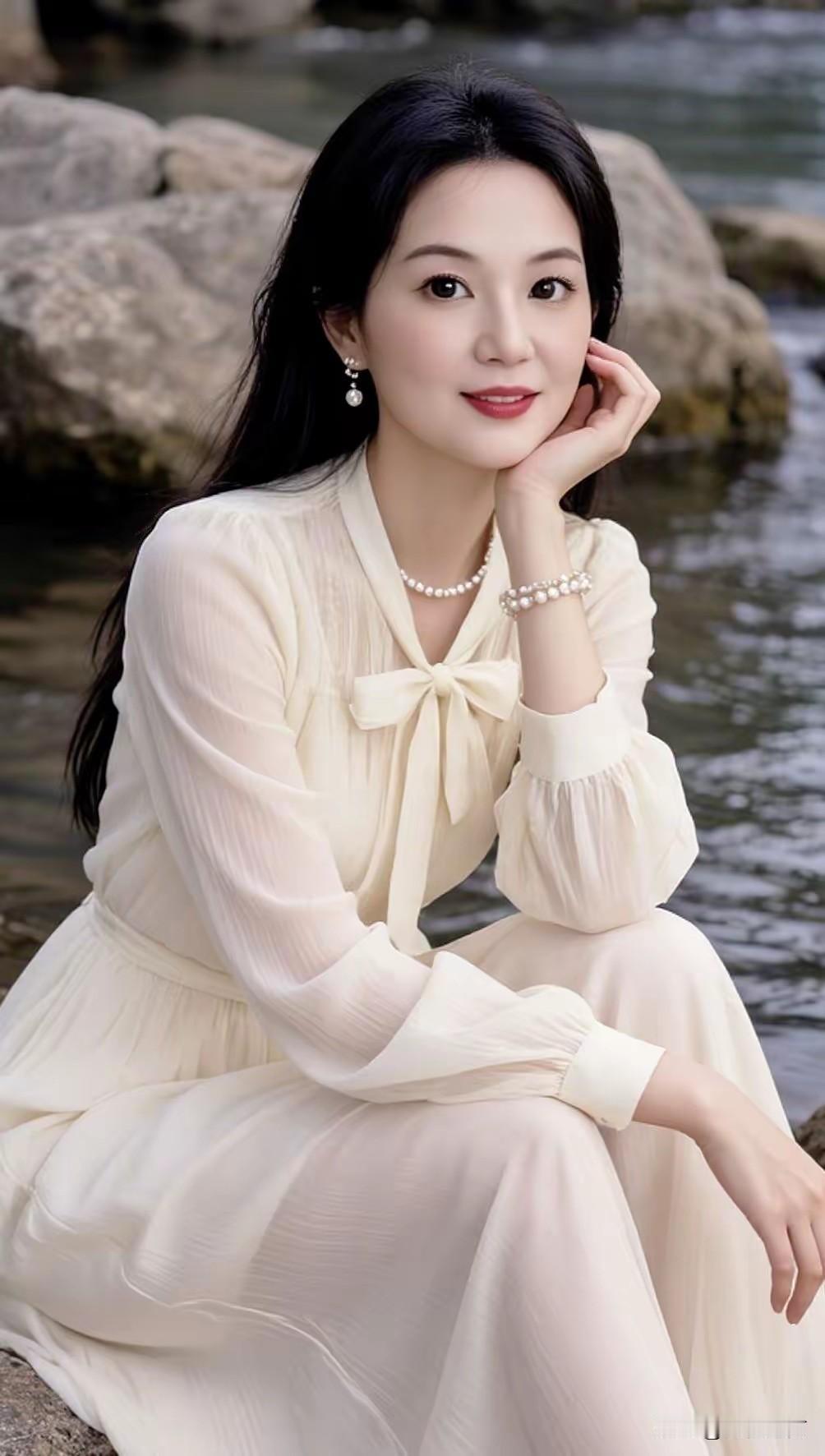 优雅白裙少女，静坐溪边，如梦如幻