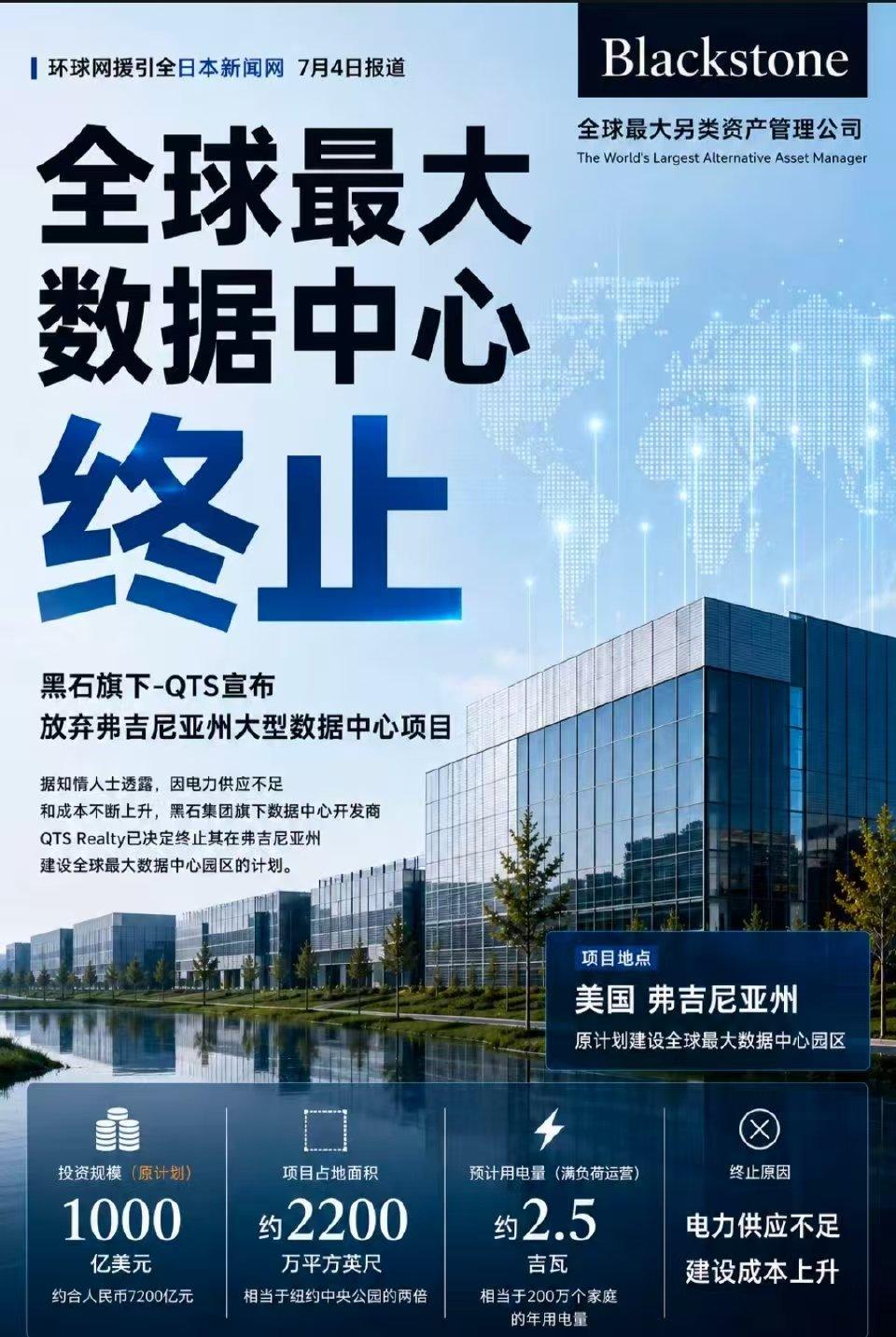 黑石集团旗下的数据中心运营商QTS近日放出重磅消息，正式叫停了位于弗吉尼亚州的数