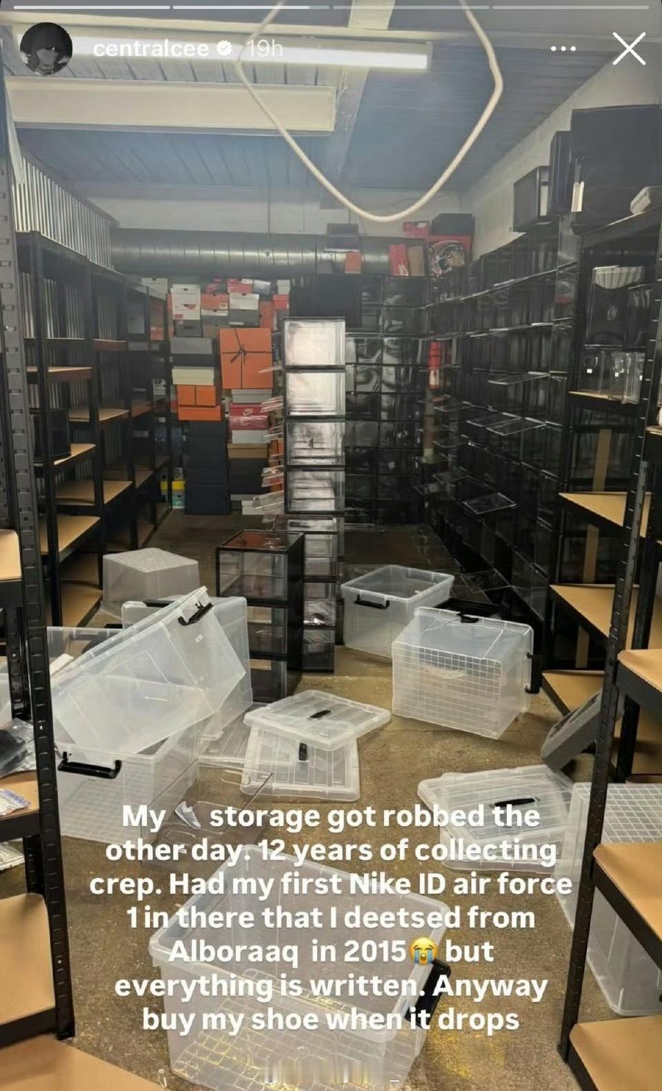 Central Cee发文透露自己花了12年收藏的鞋子，全被别人偷了！！！Cen