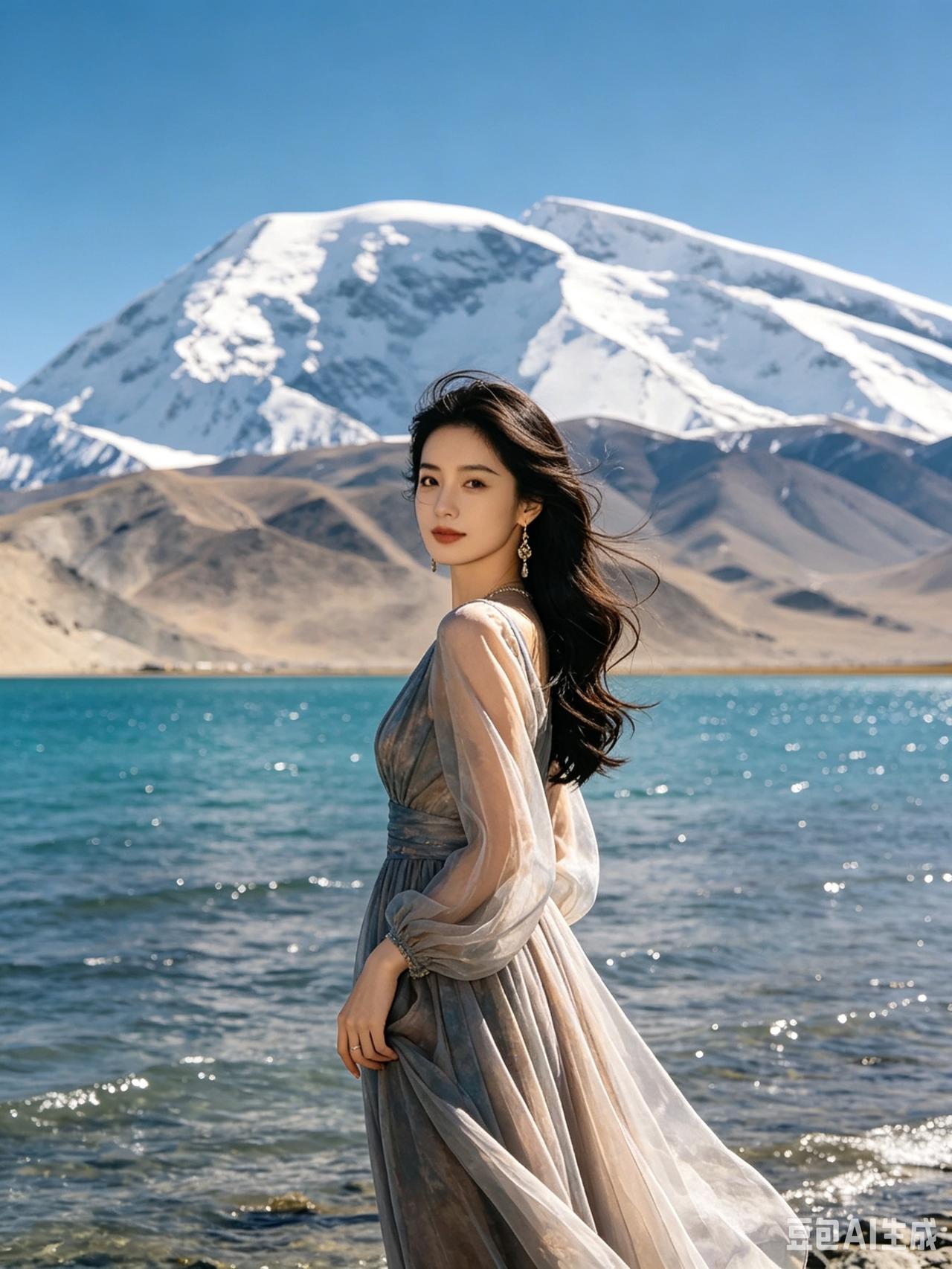 雪山的壮丽与她的优雅相映成趣，宛如人间仙境。