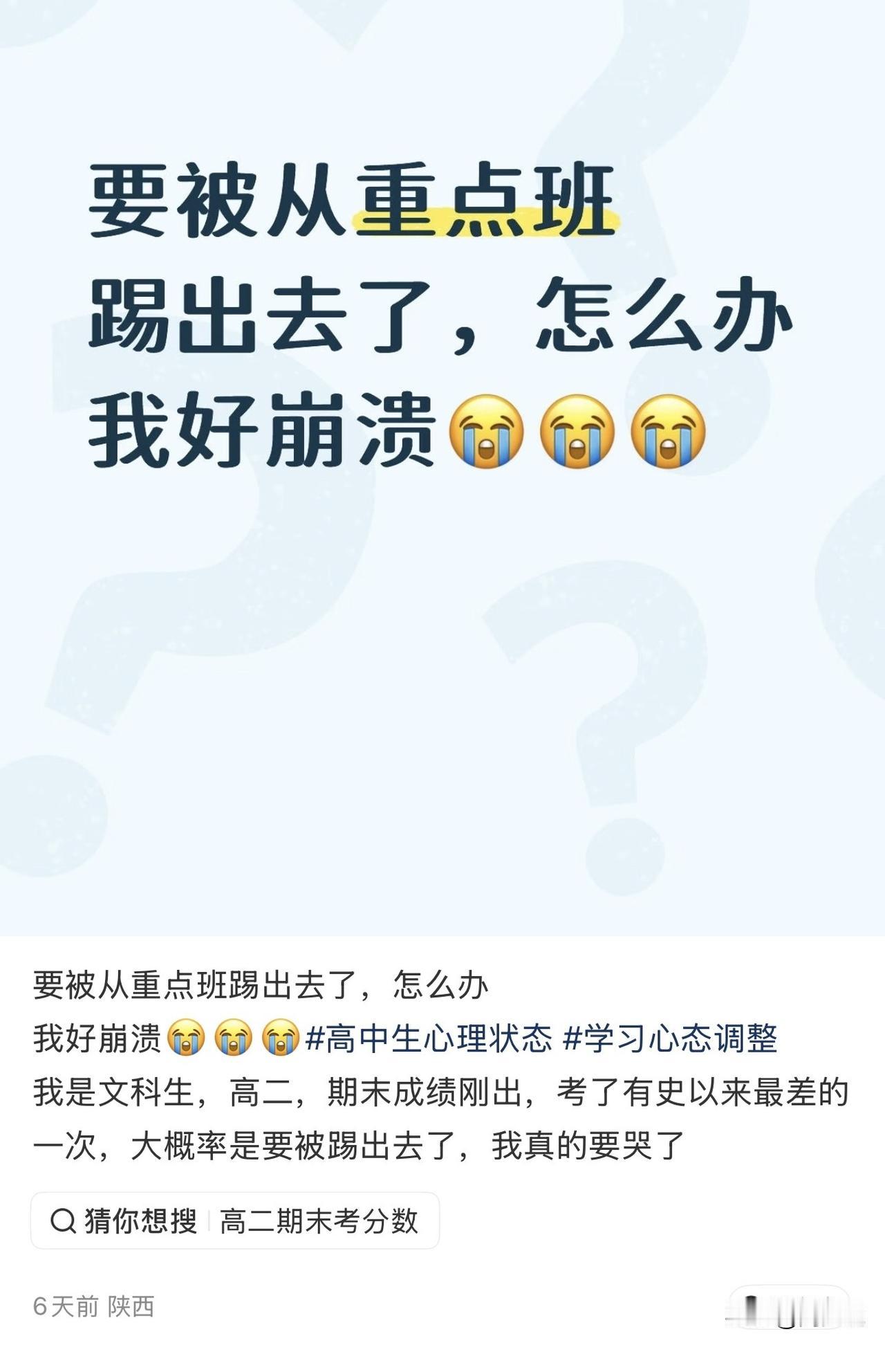 “期末成绩出来，我可能要被重点班踢出去了！”陕西一位高二文科生深夜发文，字里行间