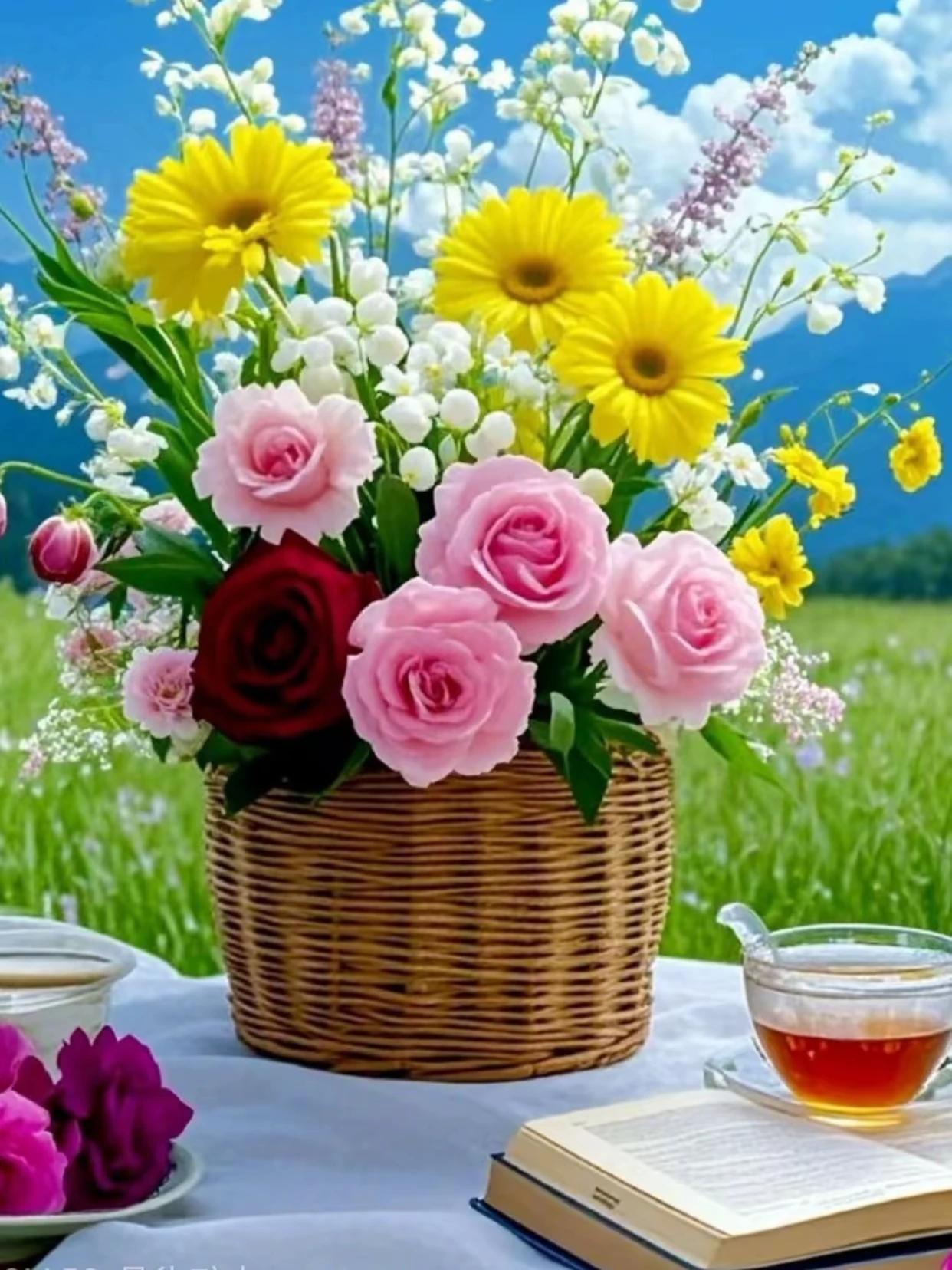 七绝:《花间小坐》
 藤篮载艳对青山，
一盏茶香伴书闲。
风挽繁花轻拂面，
愿做