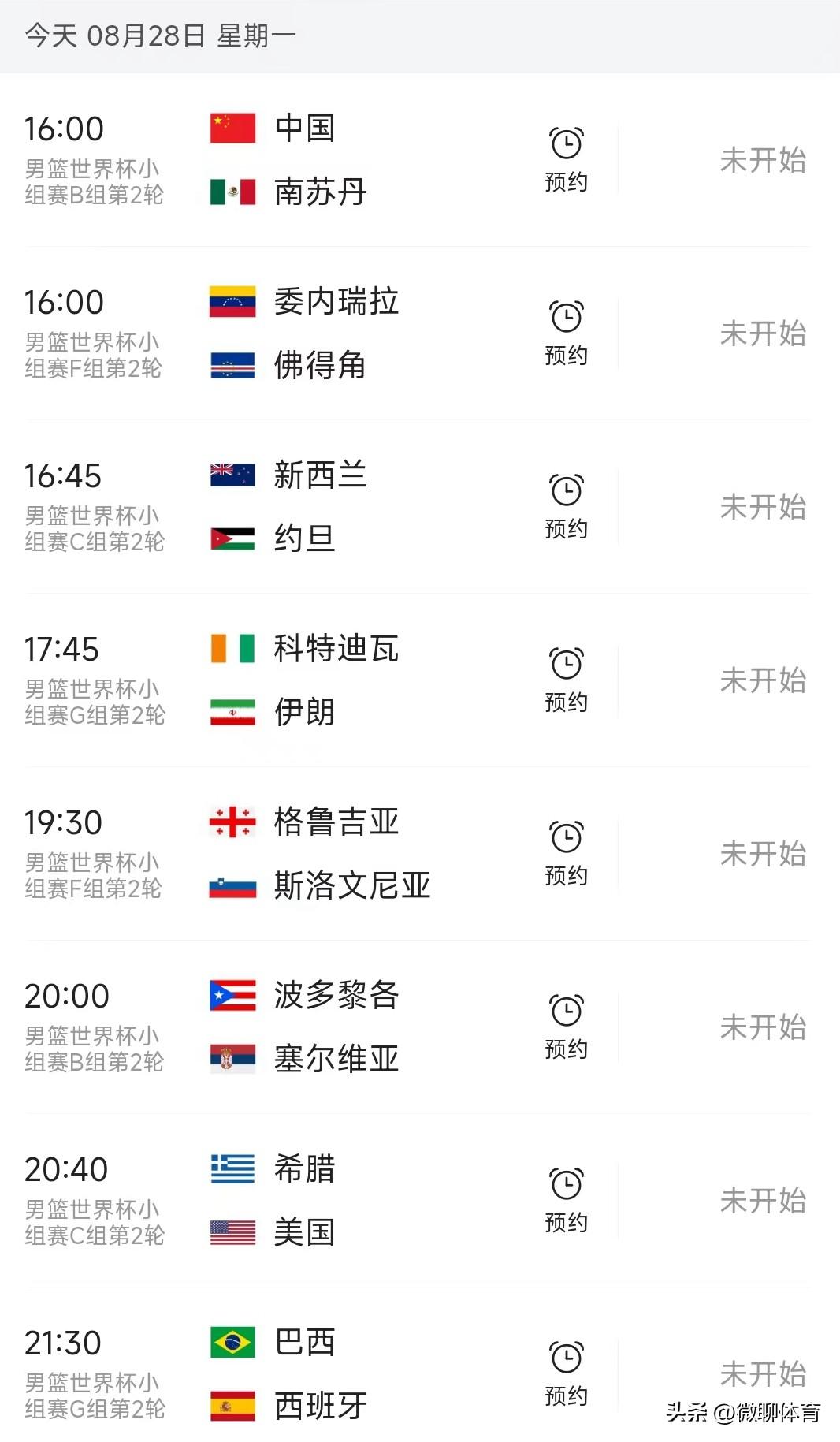 北京时间8月28日，星期一，男篮世界杯进入第4个比赛日，小组赛第二轮继续进行，今