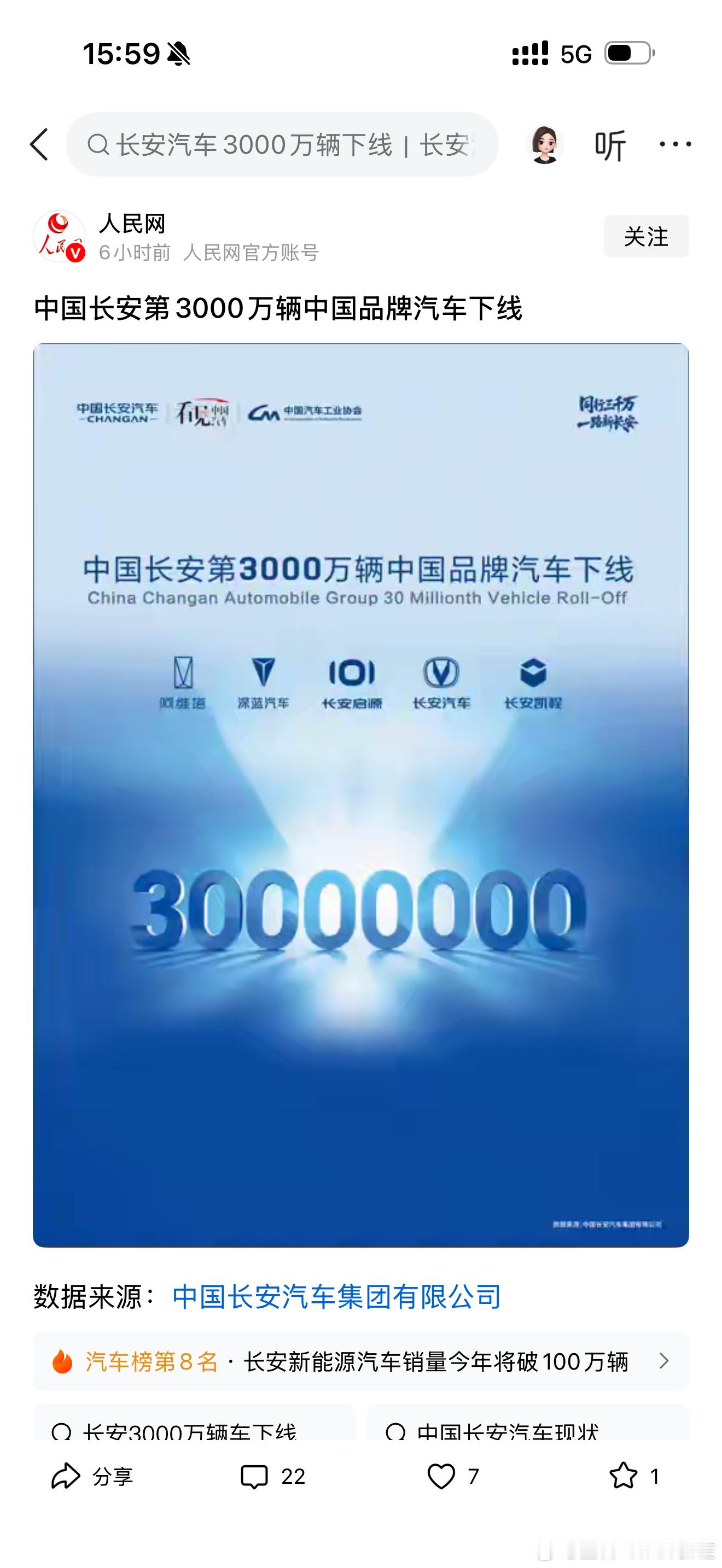 伟大的数字！中国长安第3000万辆中国品牌汽车下线！人民网发来贺电！