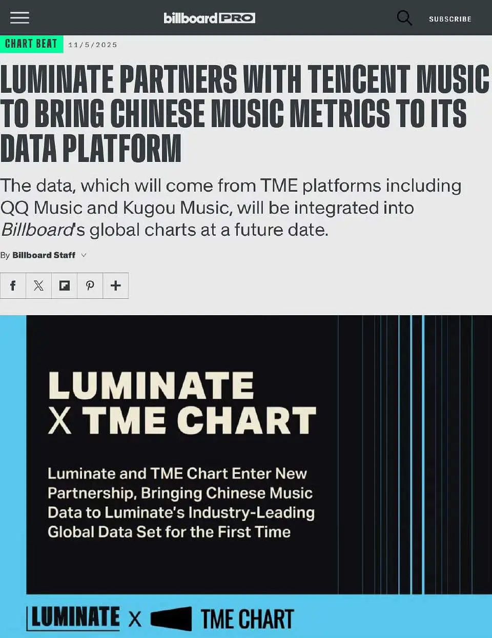 billboard将中国音乐平台数据计入榜单 6日，Billboard宣布中国多