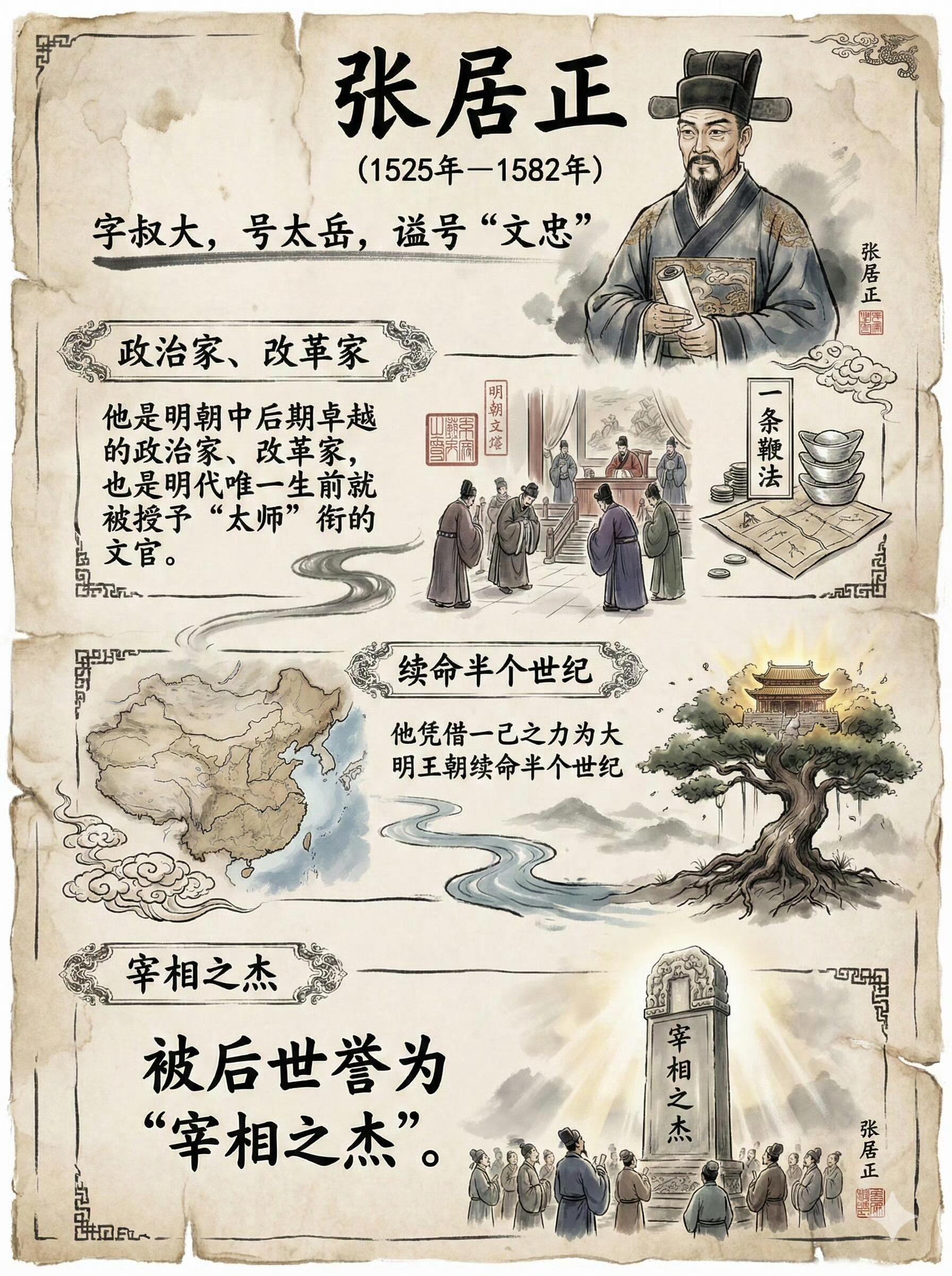 张居正死后遭万历皇帝清算，家人自杀、饿死者众多。奇怪的是，与张居正关系融洽的李太