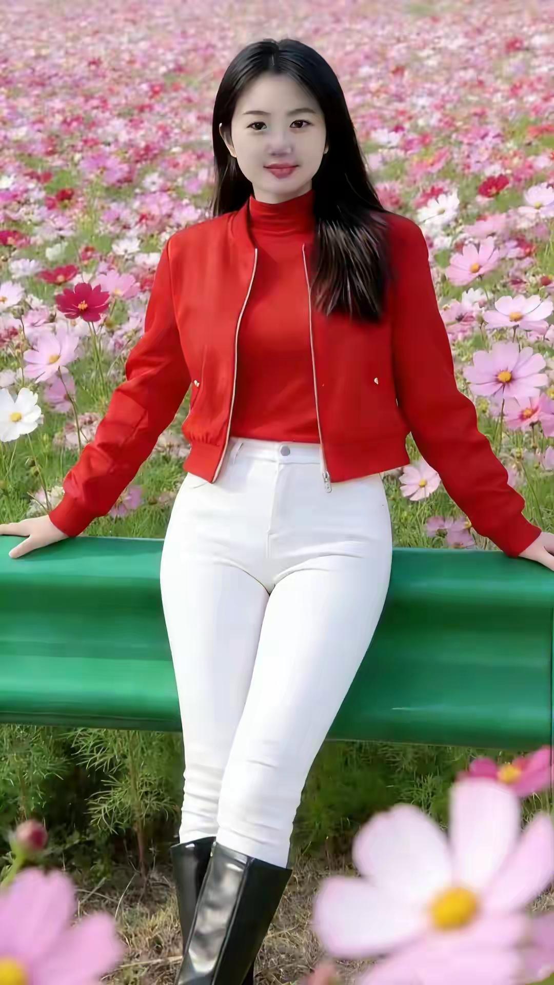 山坡羊·红裳靓影
红裳白裤，
绿栏佳处，
靓姝郊旅情盈愫。
柳摇拂，蕊芳浮。
湖