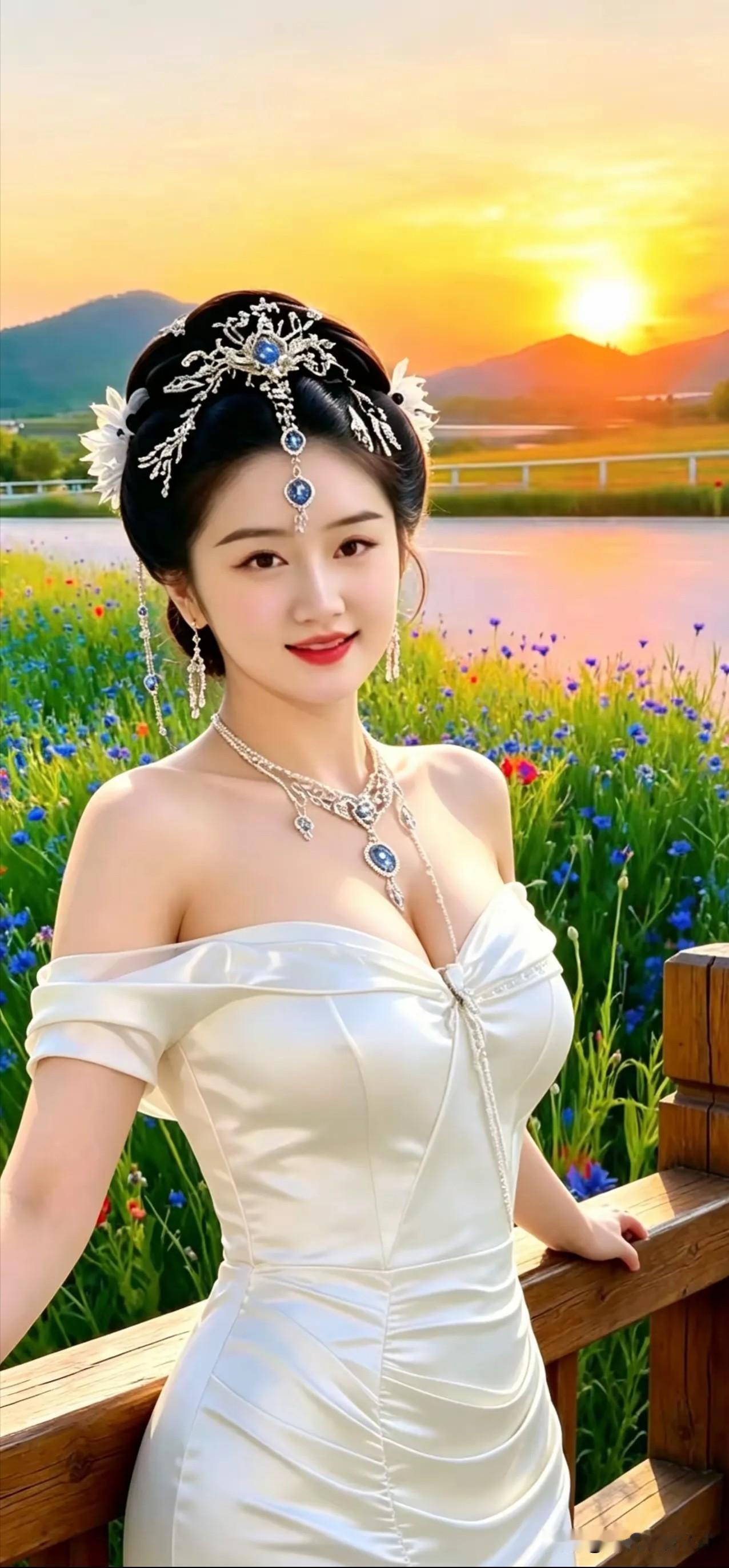 水仙子·暮隅芳姿
 
斜阳漫染远山光，野卉轻摇十里香。
银簪缀蓝凝清相，柔含笑靥