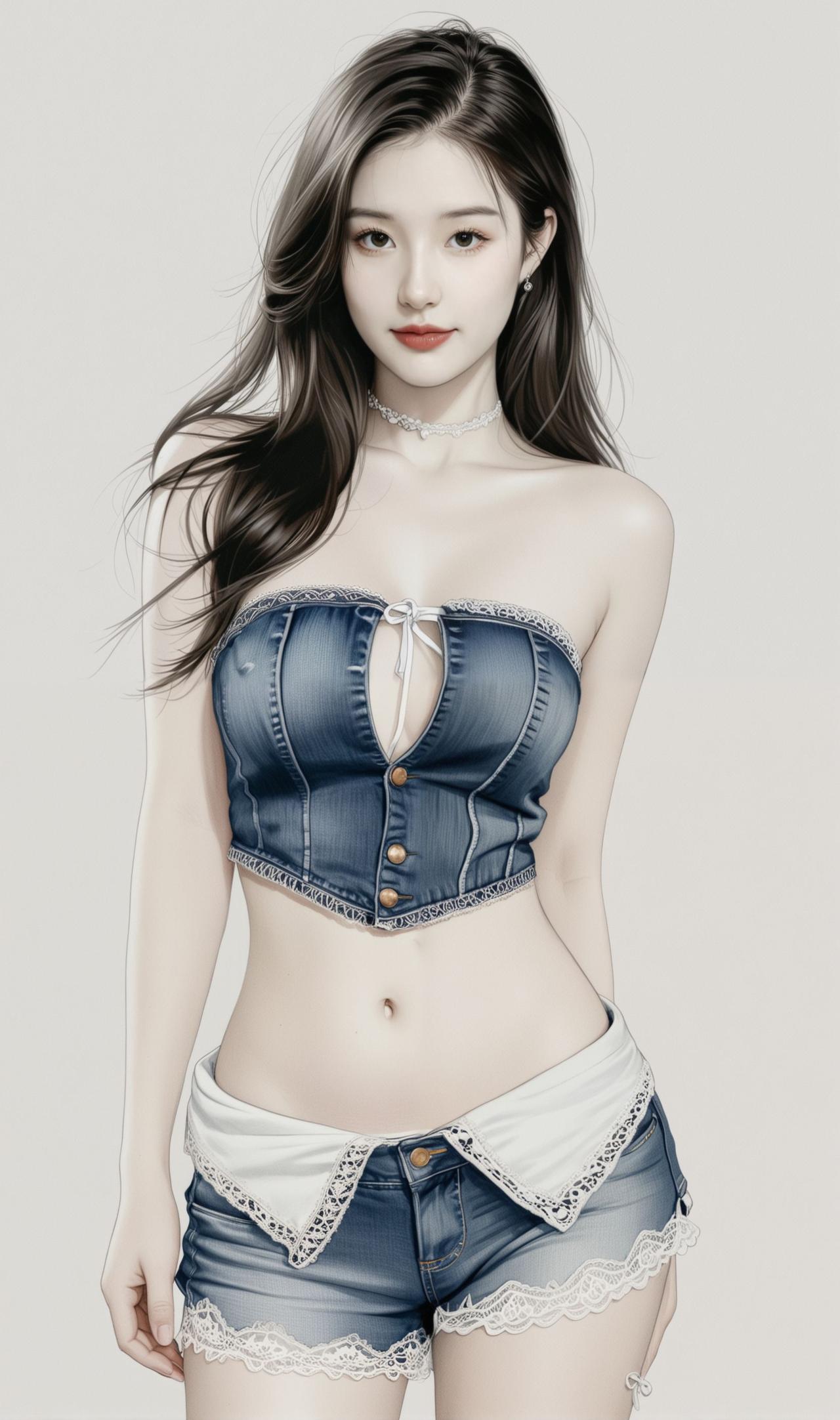 这位美女穿着牛仔背心和短裤，搭配珍珠项链，看起来时尚又可爱。