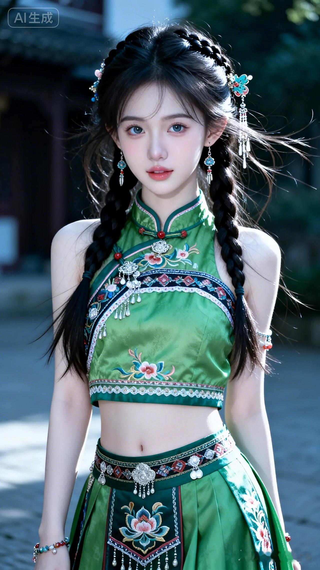 青黛色民族风长袍裹着娇小身形，重工刺绣在侧光下泛着暗纹光泽，乌黑长发梳起高颅顶辫