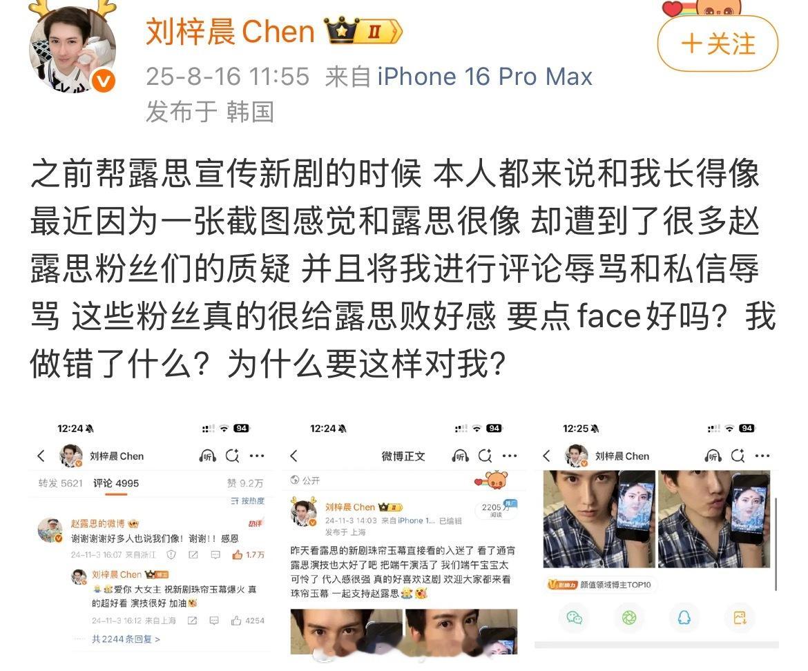 刘梓晨发文控诉赵露思粉丝，称赵露思本人都认证两人长得像，却还是遭到了赵露思粉丝们