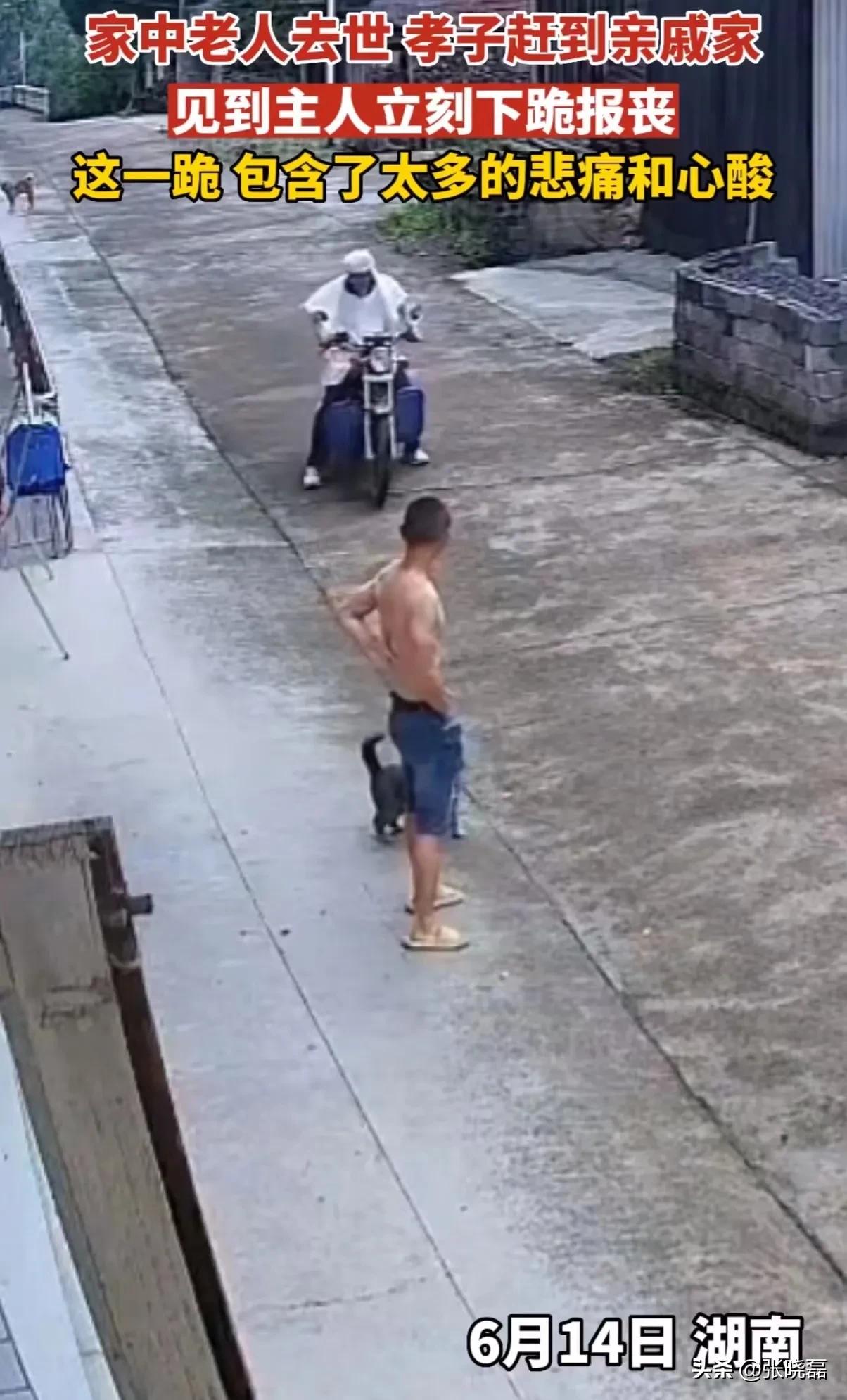 湖南，男子骑着摩托车来到亲戚家，可是刚下车就直接跪下！亲戚先是一愣，马上反应过来