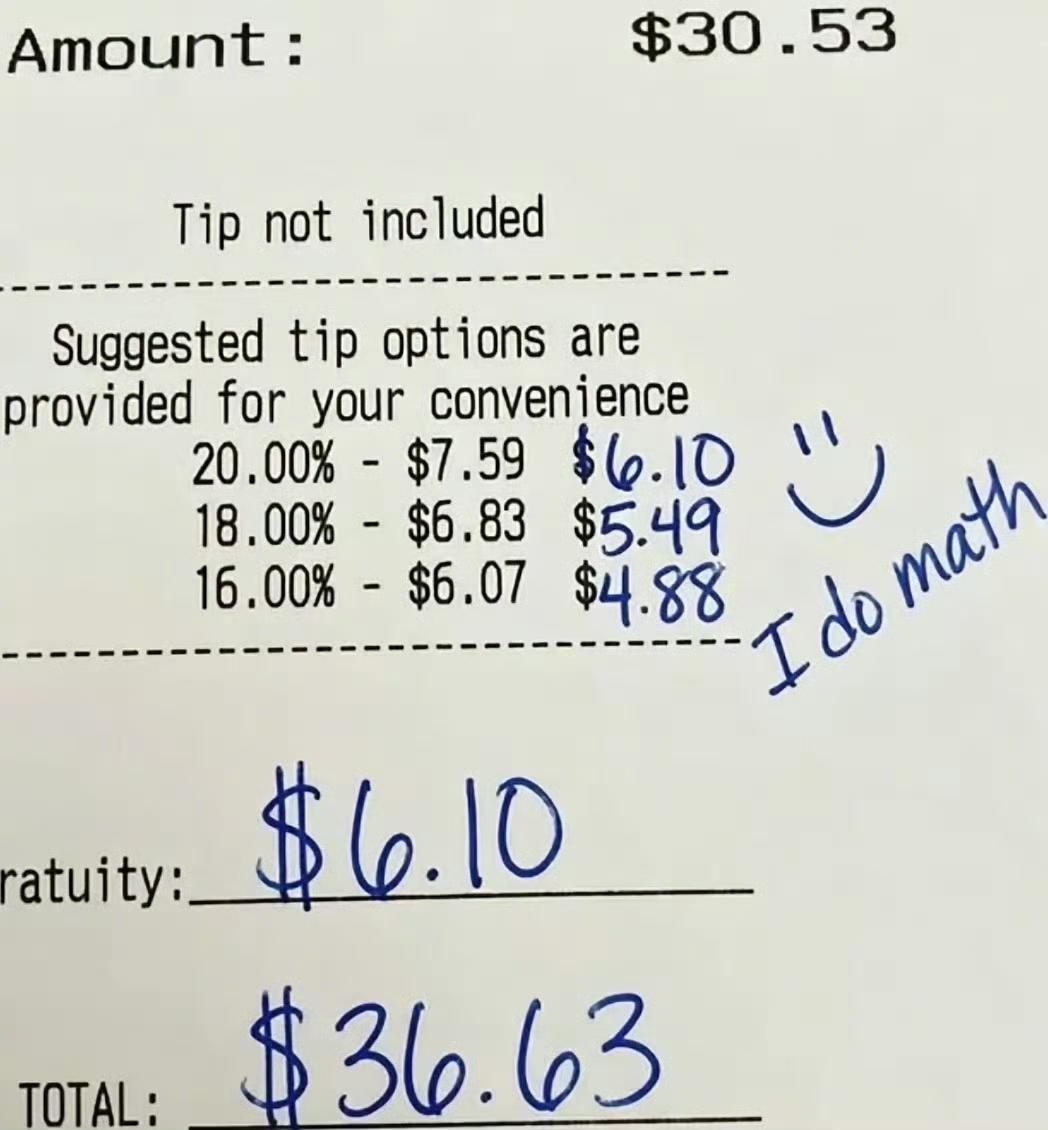 在美国吃饭真麻烦，还要会算数才行，比如这个账单，餐费30.53元，收取20%的小