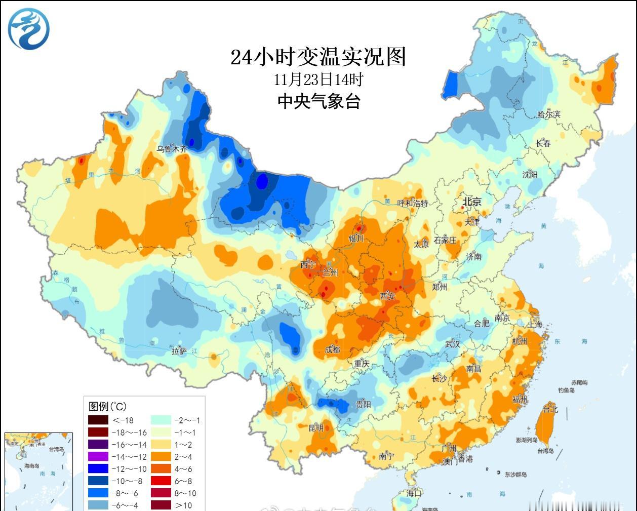 今天14时较昨天14时，新疆北部、内蒙古西部和东北部、甘肃西部、四川西部等地出现
