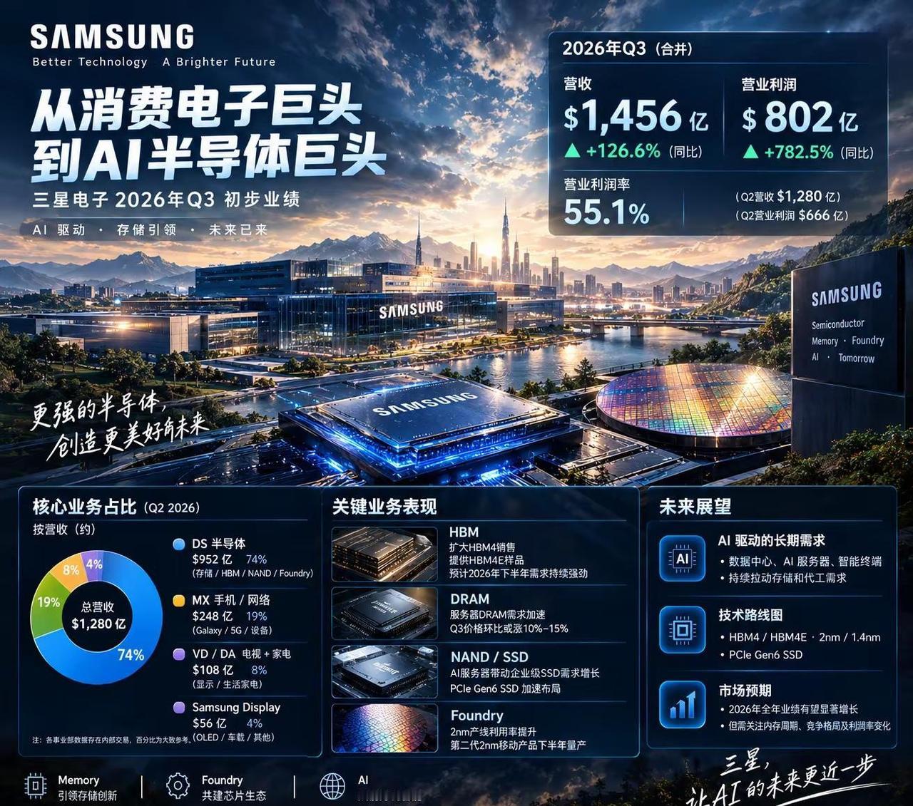 📊三星电子2026 Q3 营业利润：107.4万亿韩元 ≈802亿美元（预告值