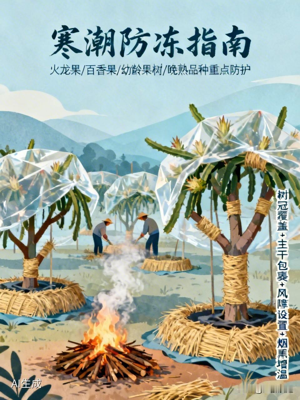 寒潮防冻工作,果农如何去做? 寒潮来袭，果农得做好果树防冻工作。对火龙果、百香果