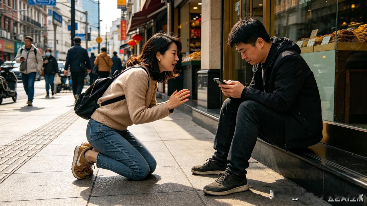 上海街头，一名女子突然向身旁男子下跪，对方却全程低头专注玩手机，连头都没抬过。这