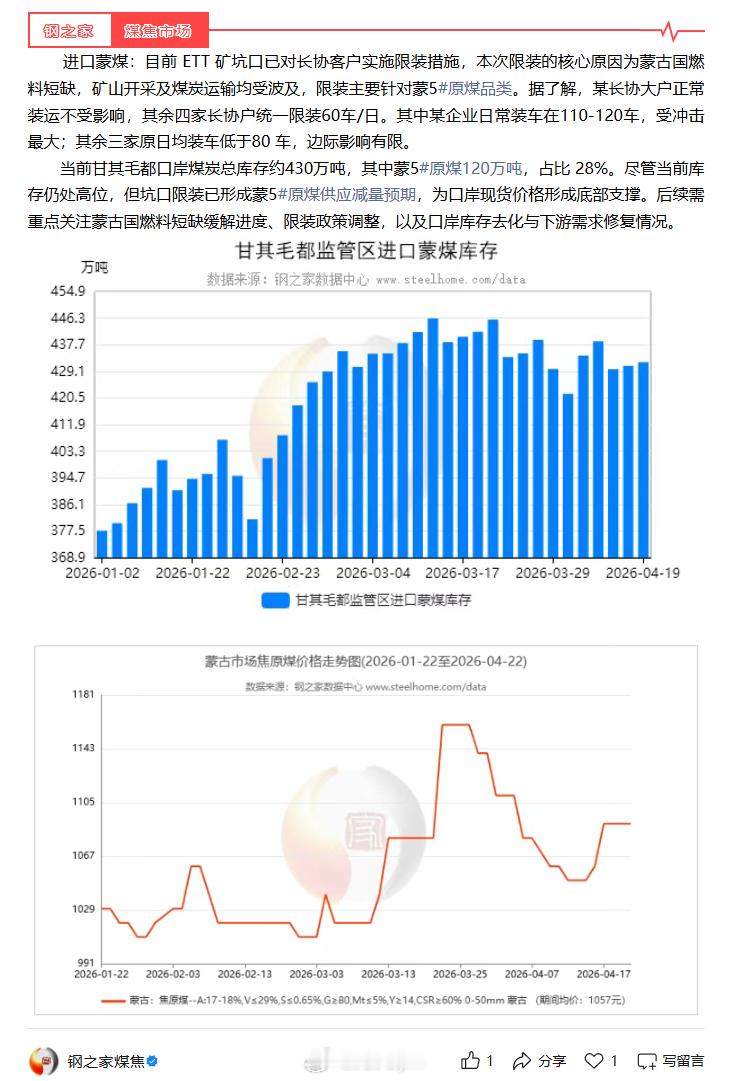 进口蒙煤：目前 ETT 矿坑口已对长协客户实施限装措施，本次限装的核心原因为蒙古