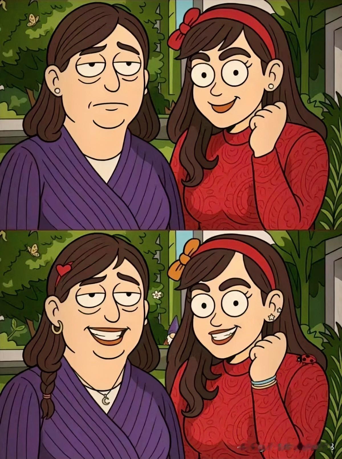 红衣少女笑语盈，紫衣女子静观变
找不同  15处不难找[灵光一闪]