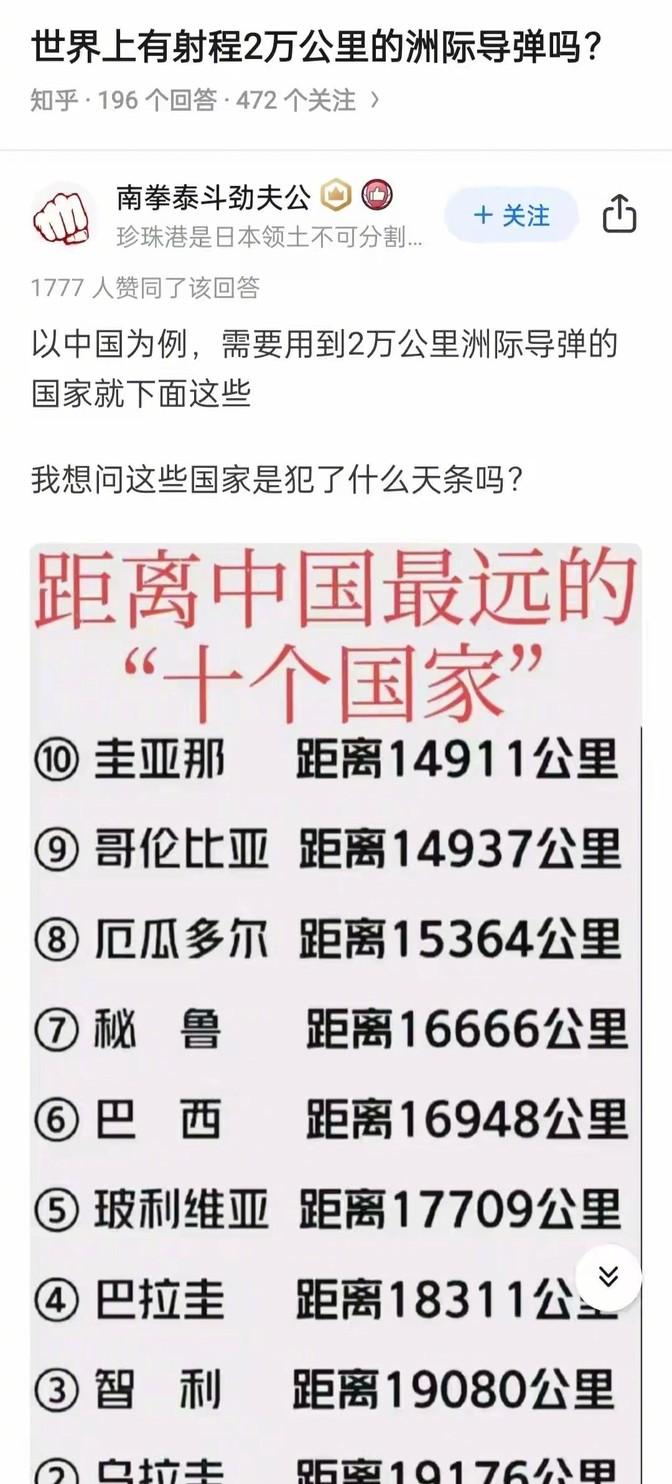 有人在网上问，现在有没有射程2万公里的洲际导弹？有人答说，拿中国来说，这射程能打