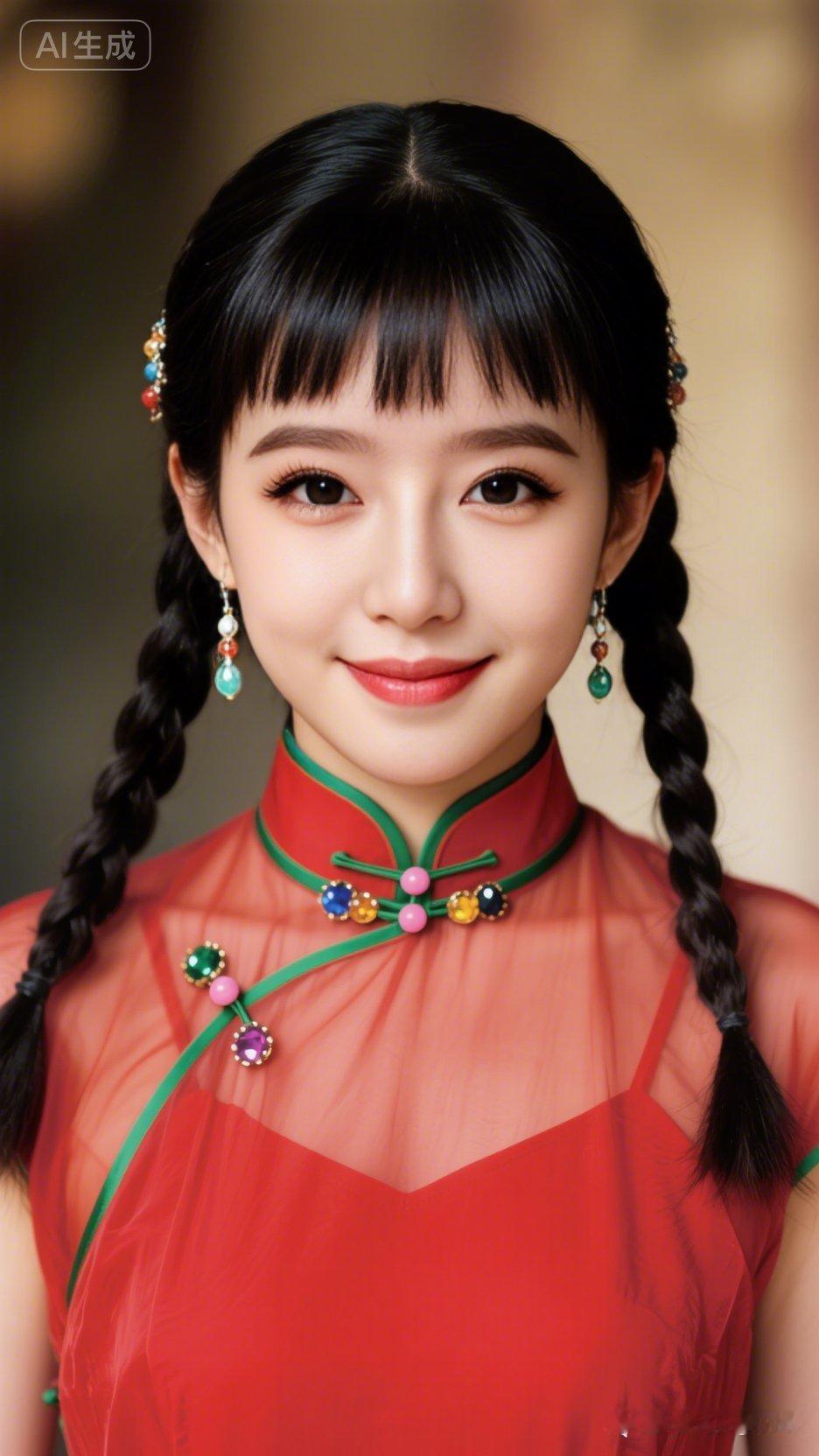 红衣飘飘，双辫垂肩，笑靥如花，古风韵味十足！🌸💕