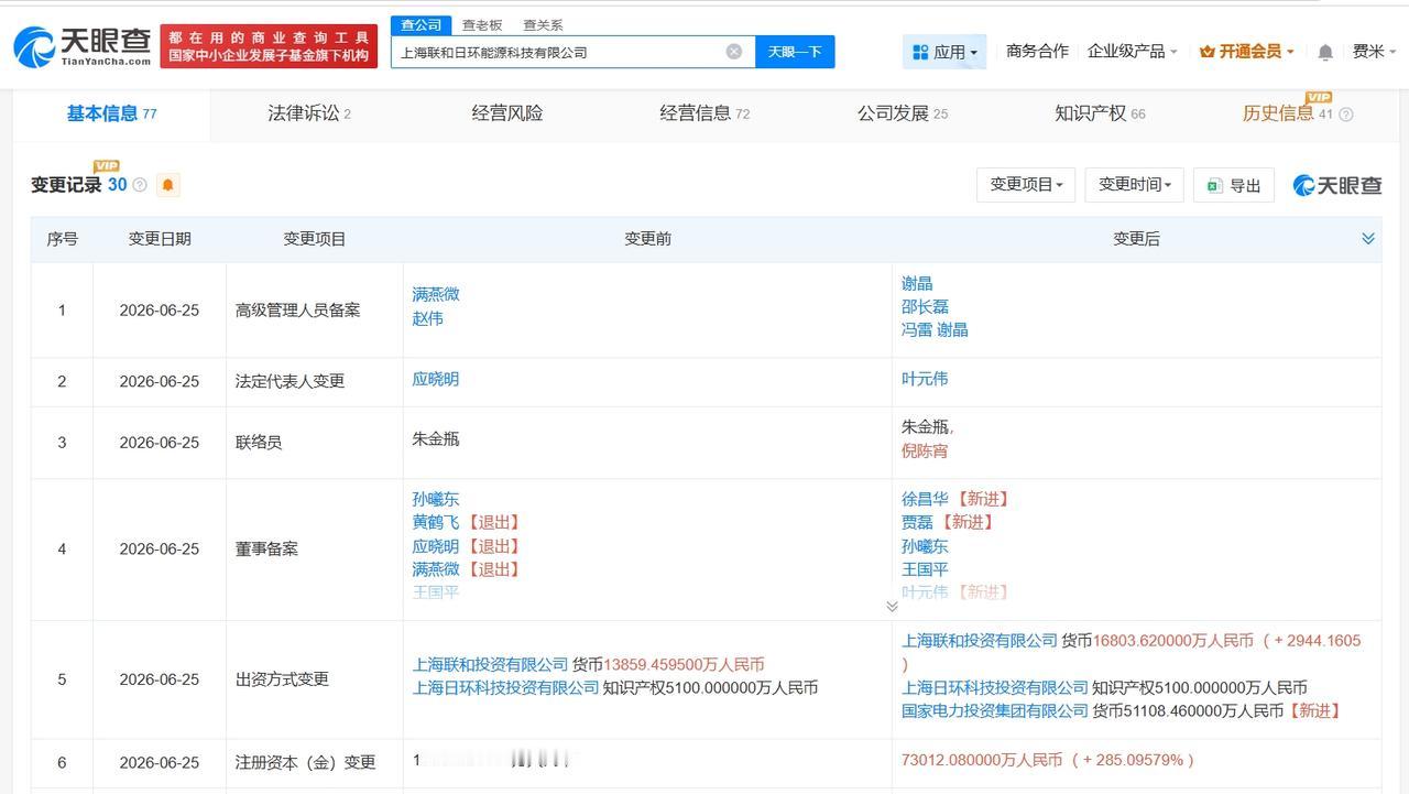 天眼查App显示，近日，上海联和日环能源科技有限公司发生工商变更，新增国家电力投