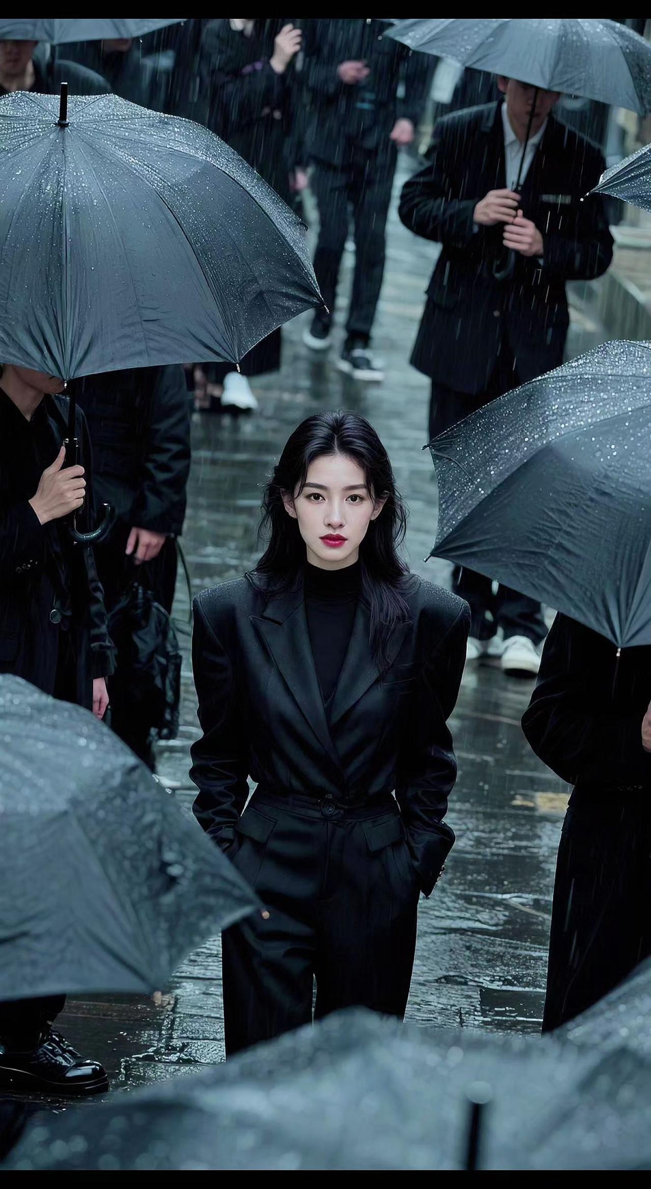 ⚡雨幕劈开一条路，她是唯一的光。黑伞如沉默的兽，皮鞋踏碎水洼的诗。孤独是最锋利的