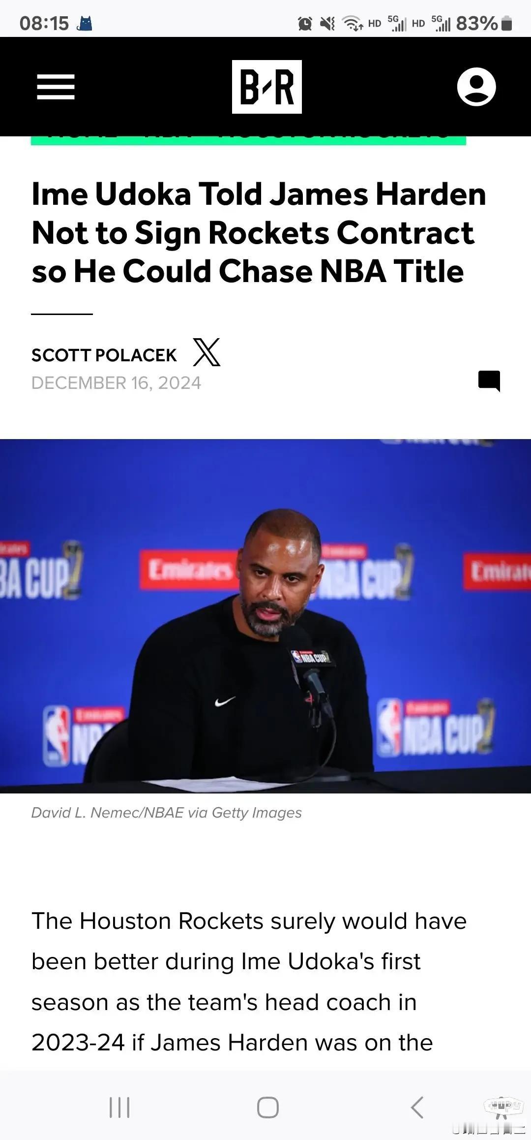 BR长文：乌度卡劝詹姆斯·哈登不要签约火箭，以便他能去追逐NBA总冠军。

以下