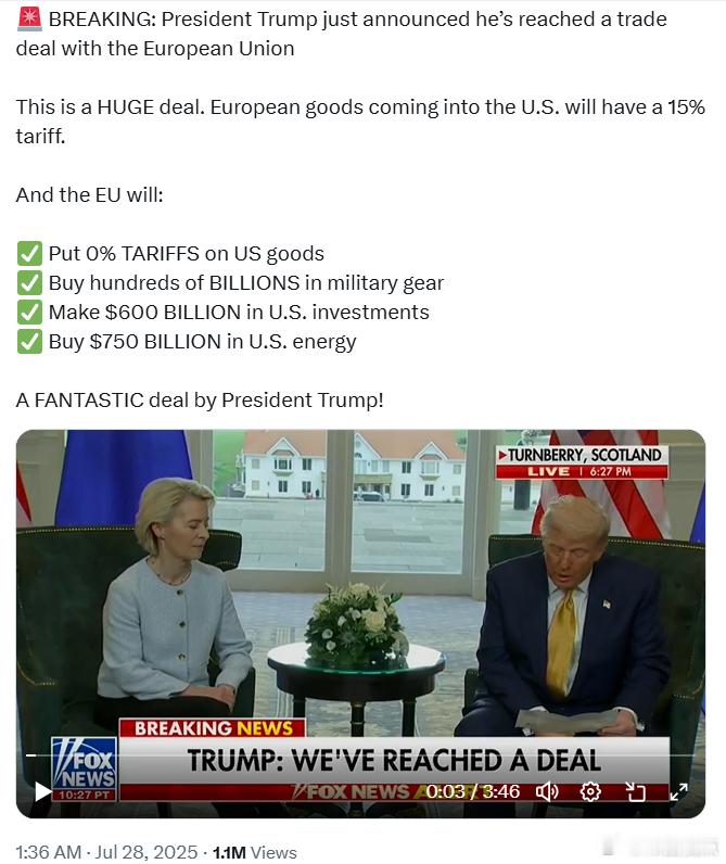 特朗普总统刚刚宣布与欧盟达成了一项贸易协议。这是一笔巨大的交易。进入美国的欧洲商