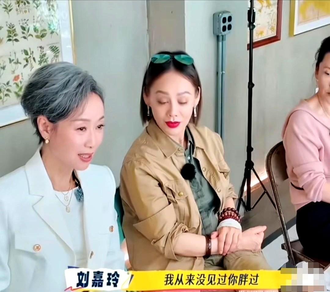 刘嘉玲羡慕看着叶童，大口的吃着东西。

对话的核心是体重和身材。刘嘉玲羡慕叶童1