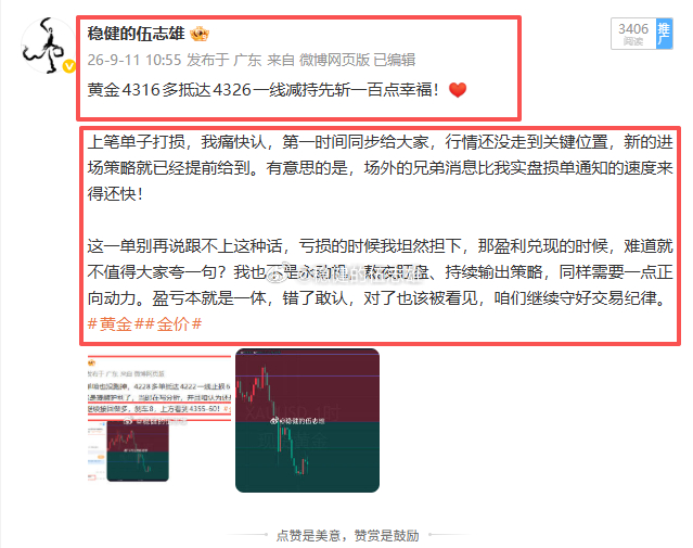 上一单4316多被打保离场，4314附近位置在怼一单多！刹车新低，目标不变！金价