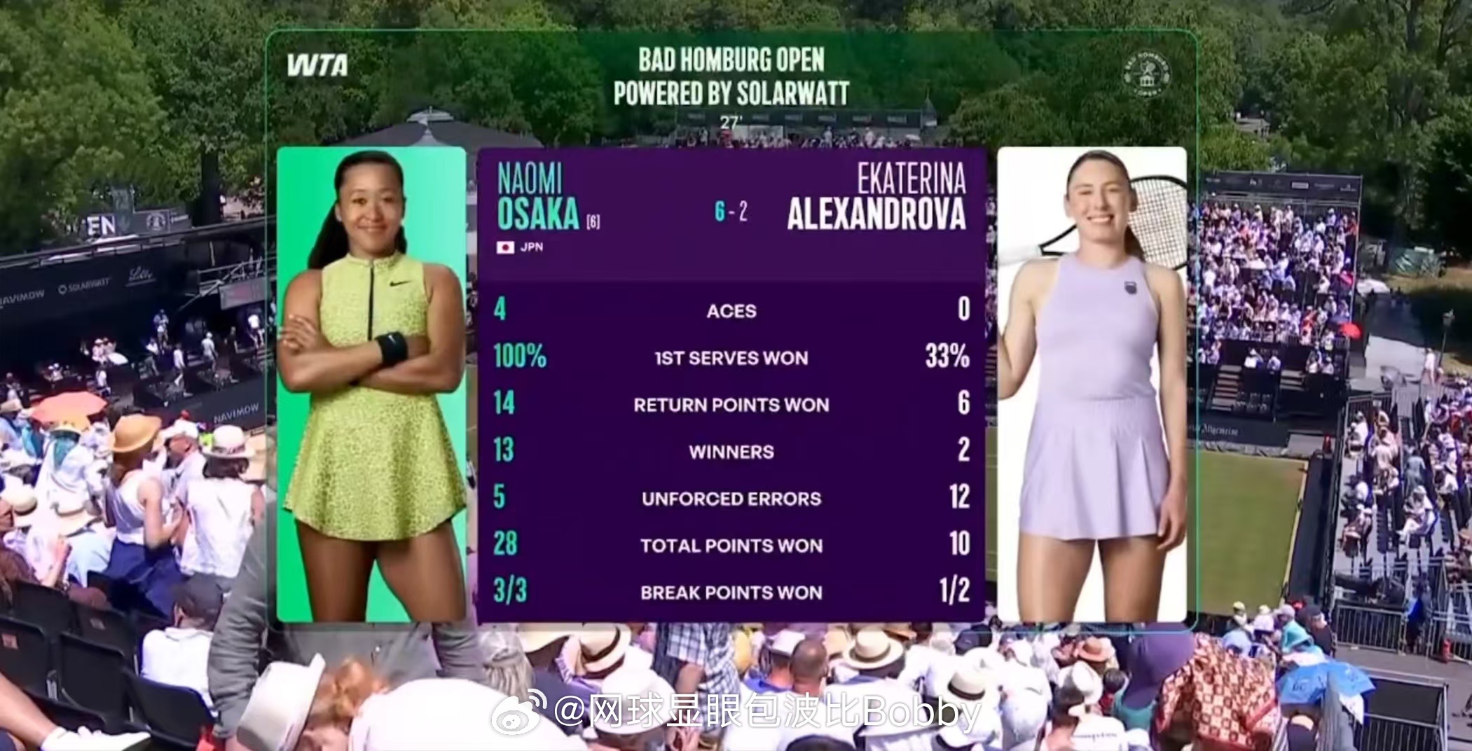王欣瑜将对阵大阪直美💥WTA500巴特洪堡站1/4决赛，大坂直美以6-2 6-
