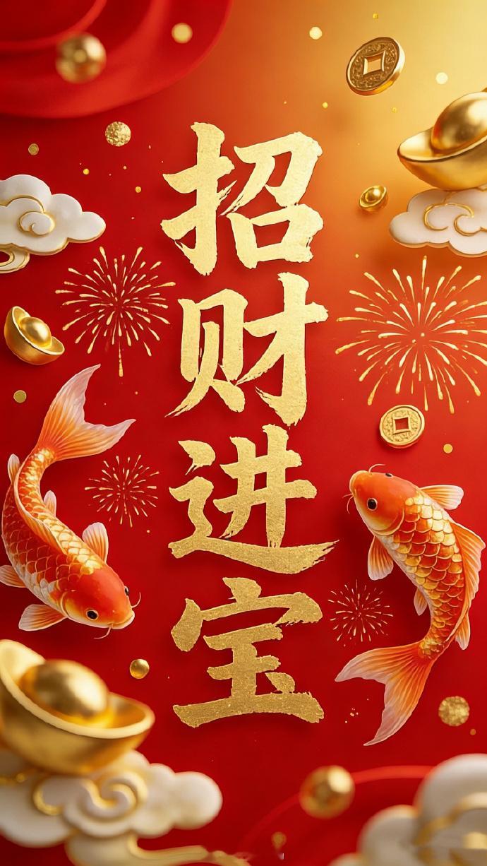 招财进宝壁纸，转发这张双鲤纳财吉祥壁纸，接住一整年滚滚财气！祥云环绕，金元宝、古