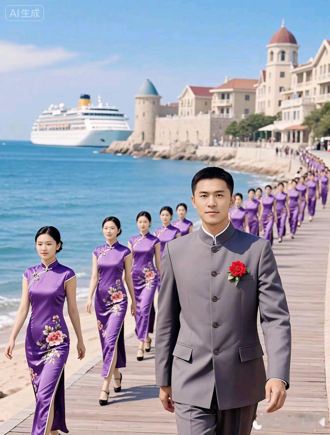 海滨行
海滨步道沐朝晖，俊彦前行气宇魁。
紫袂旗袍增秀色，灰装绅士展英威。
轻波