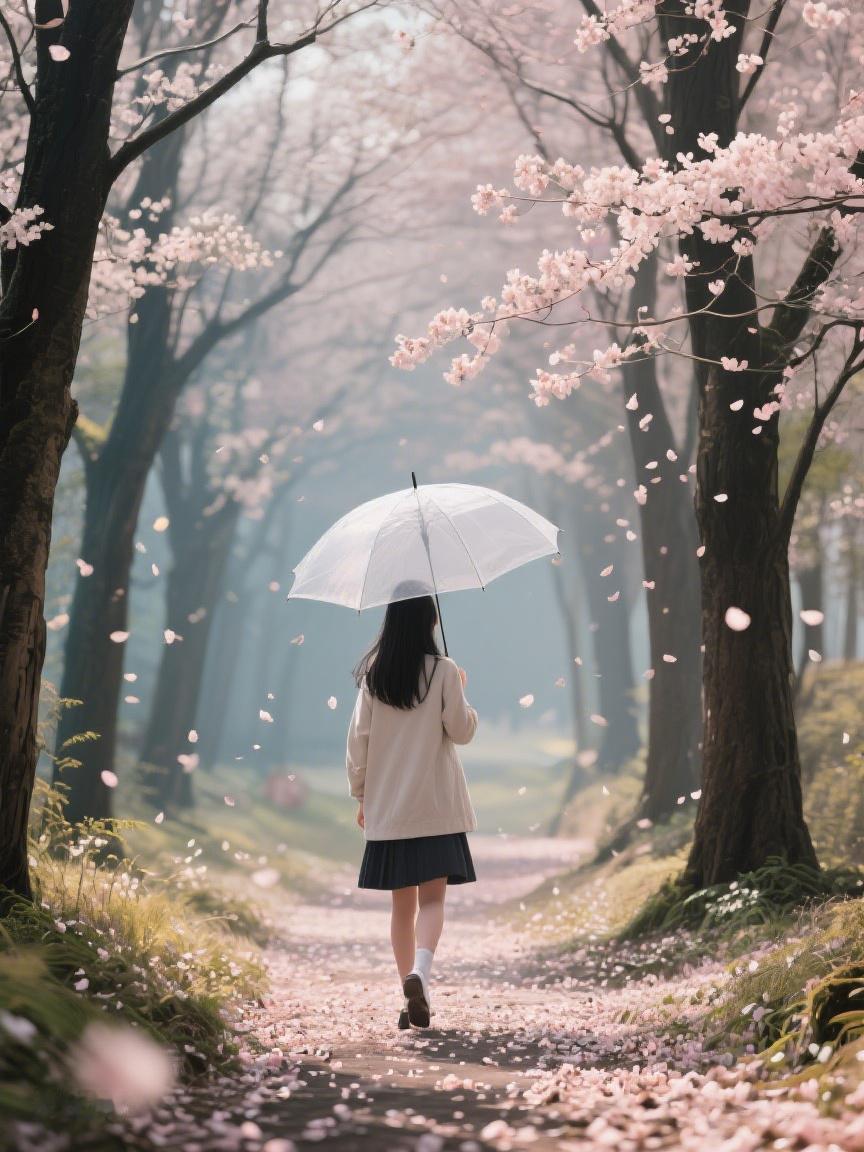 AI妙生图樱花雨洒落小径，撑伞漫步，时光在此刻静止，每片花瓣都藏着岁月的诗意💕