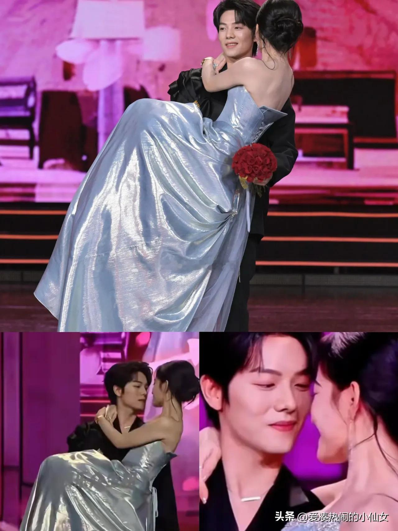 活动现场的表演热闹非凡，曾辉与韩雨彤作为情侣，自然地演绎出甜蜜的单手抱，对视贴脸