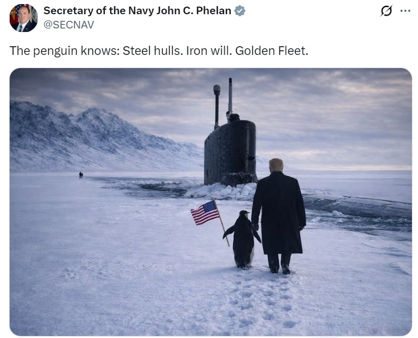 美国海军部长今日发帖：企鹅明白！坚固的船体。坚毅的意志。强大的舰队。海外新鲜事热