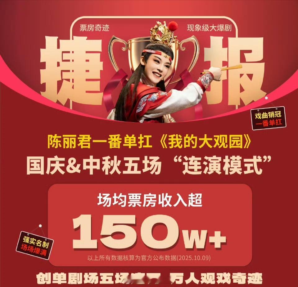 国庆中秋双节，陈丽君《我的大观园》又创造了记录，五场演出票房达890万元，售票1