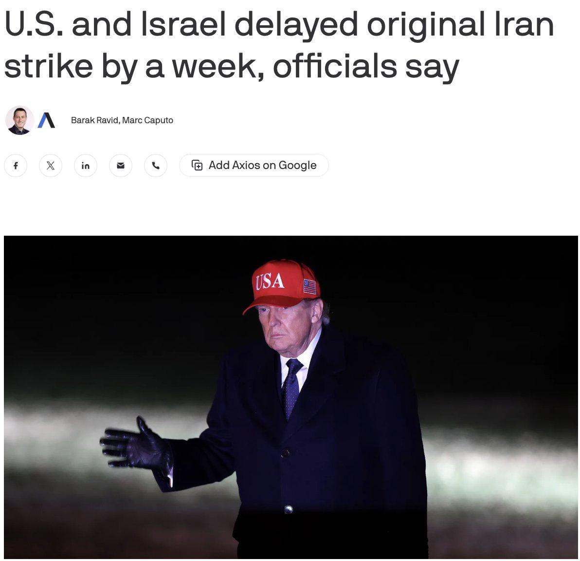 美国和以色列原计划于一周前（2月21日）对伊朗发动打击，但因天气、情报收集及协调