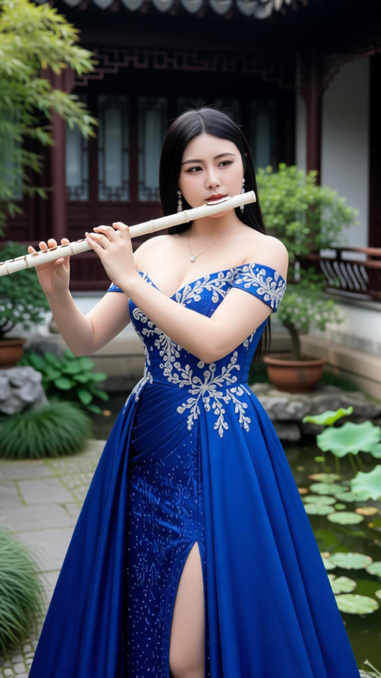 古风小院里，身材很好的，穿宝蓝刺绣礼服的姑娘，正举着竹笛轻吹。身后是黛瓦粉墙，旁