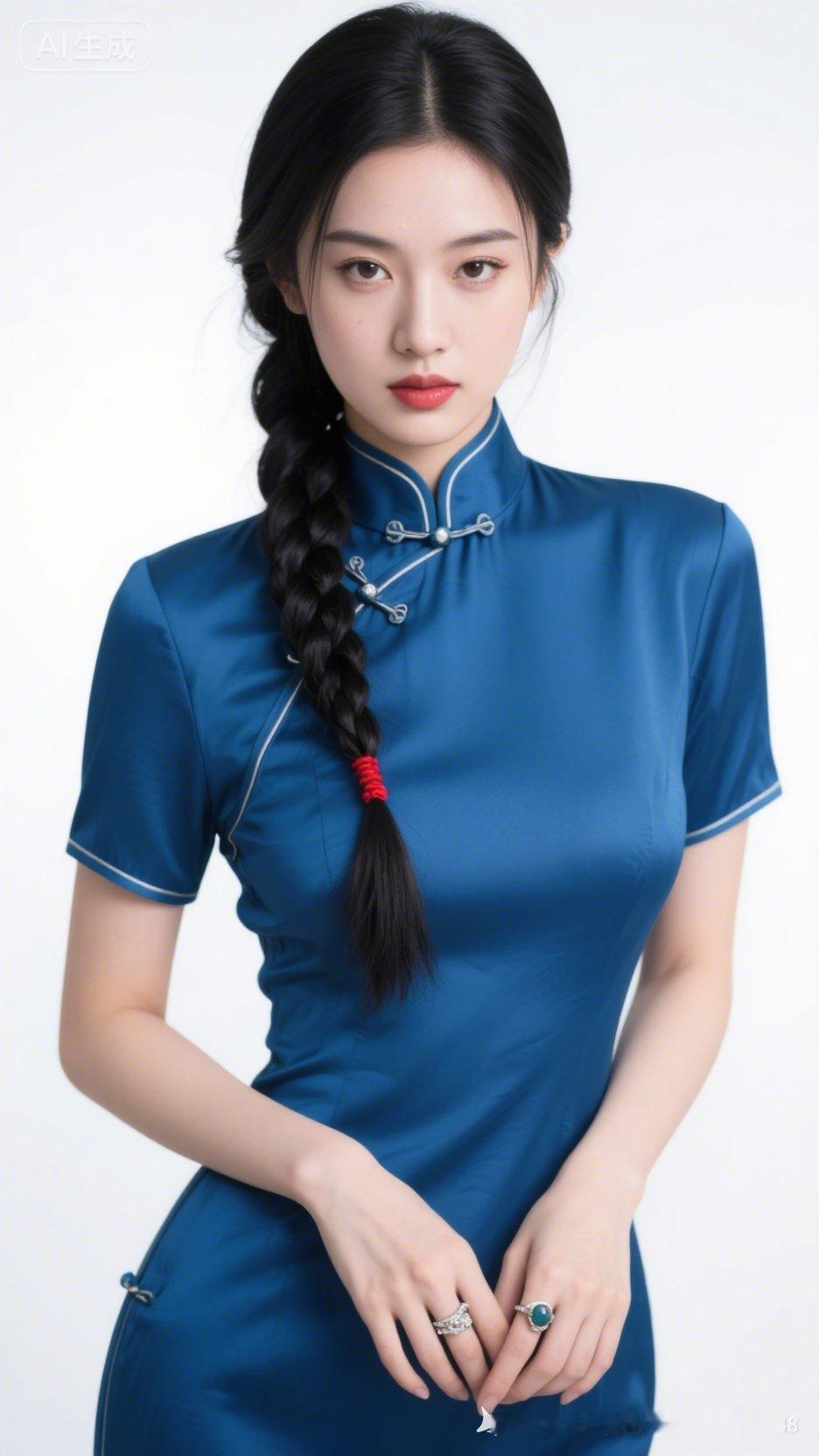 高冷神情的年轻美女，黑长发编麻花辫、发尾系红绳，着蓝色中式立领盘扣中袖旗袍，曲线