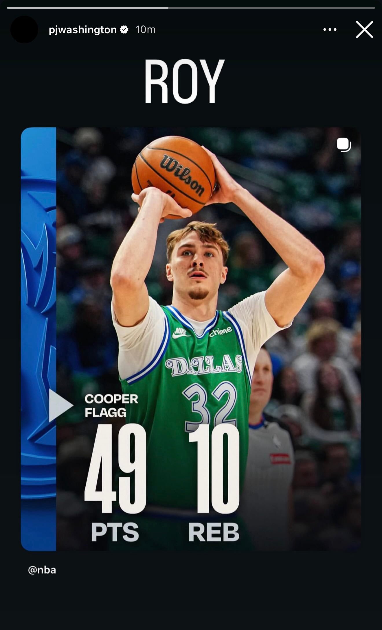 华盛顿 IG story 分享弗拉格数据海报：最佳新秀。NBA常规赛弗拉格49分