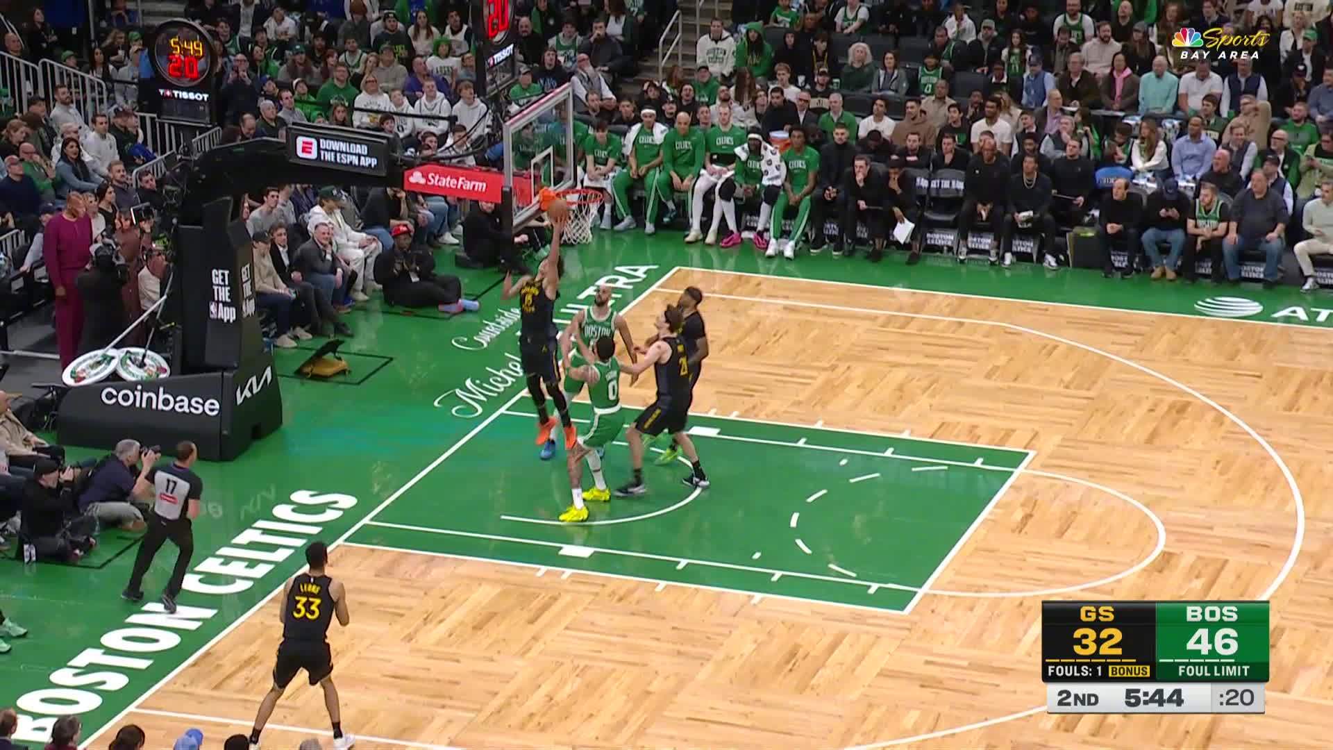 桑托斯2分入账！勇士34:47凯尔特人。勇士vs凯尔特人