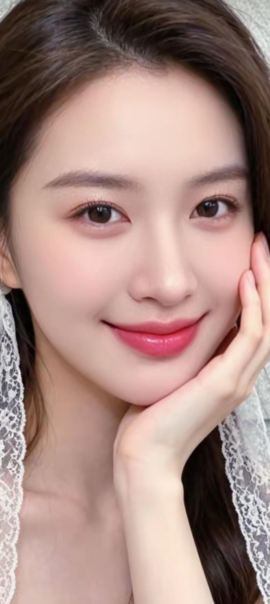 甜美少女，温柔微笑，粉色唇妆，蕾丝发饰，清新自然。